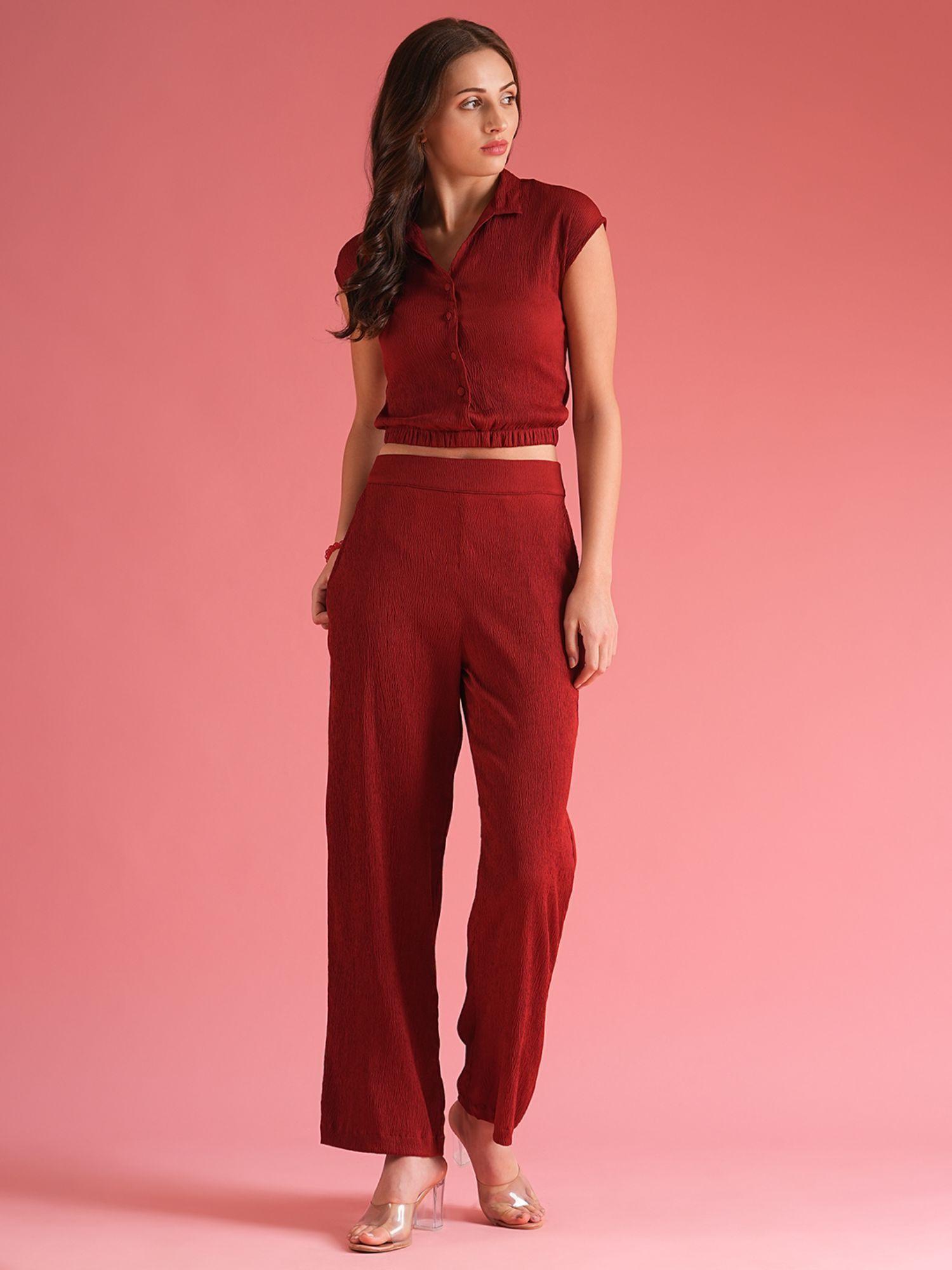 women maroon shirt style top with trouser co-ord (set of 2)