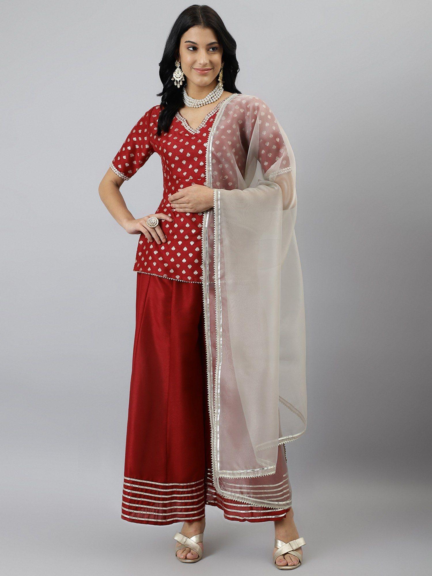women maroon silk blend embroidered straight kurta with palazzo & dupatta (set of 3)