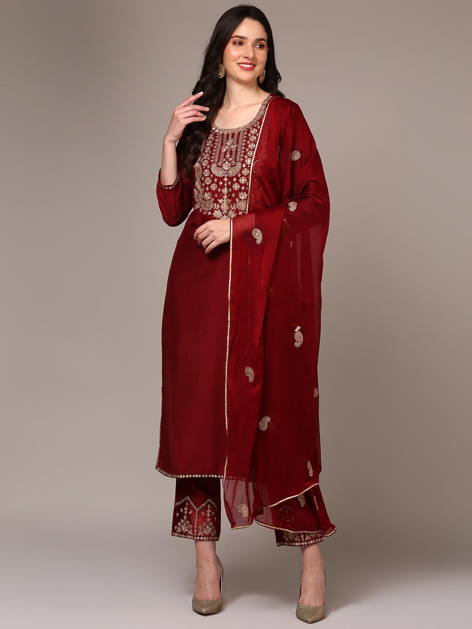 women maroon silk blend embroidered straight kurta with pant and dupatta (set of 3)