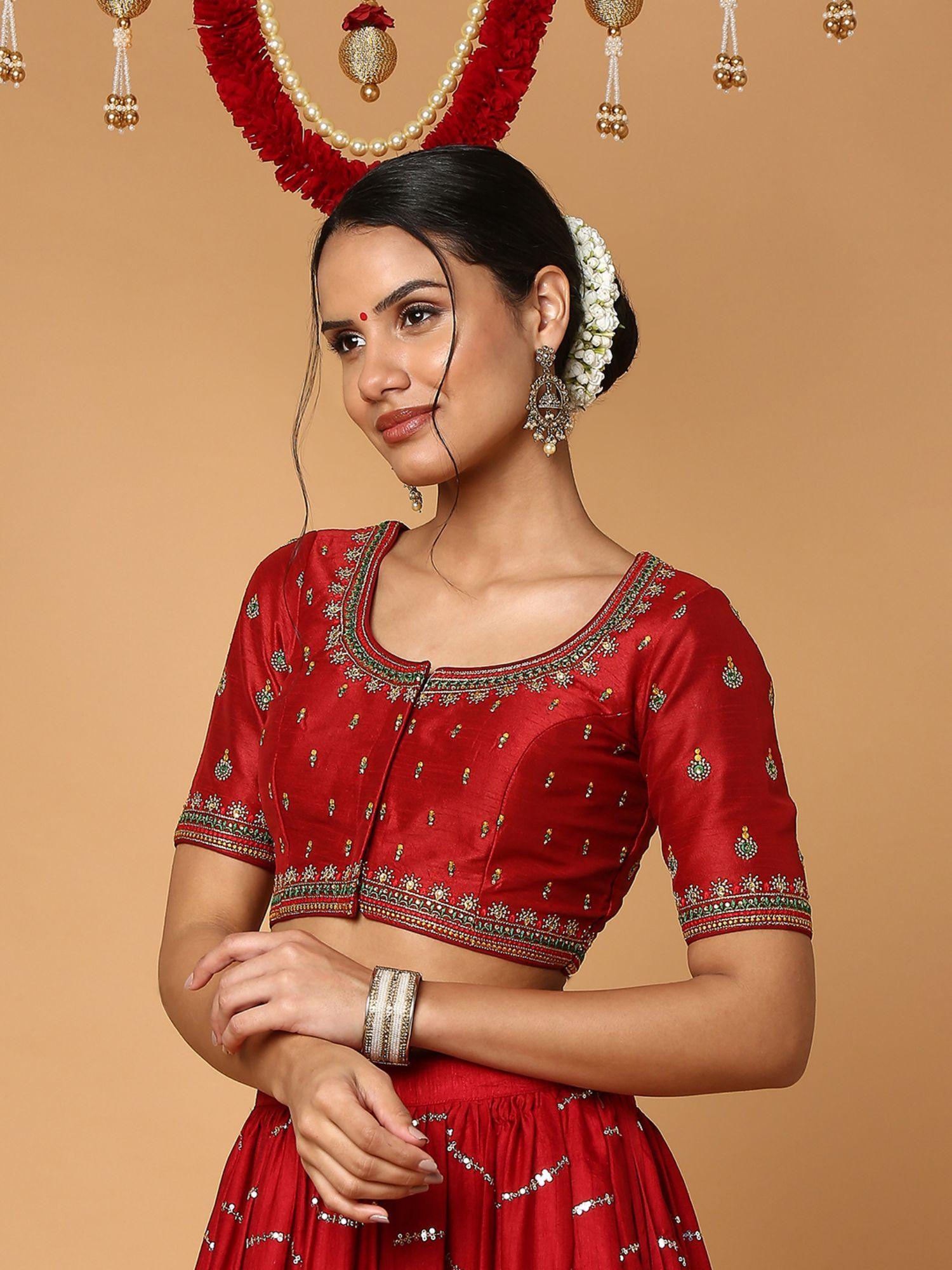 women maroon silk blend readymade saree blouse