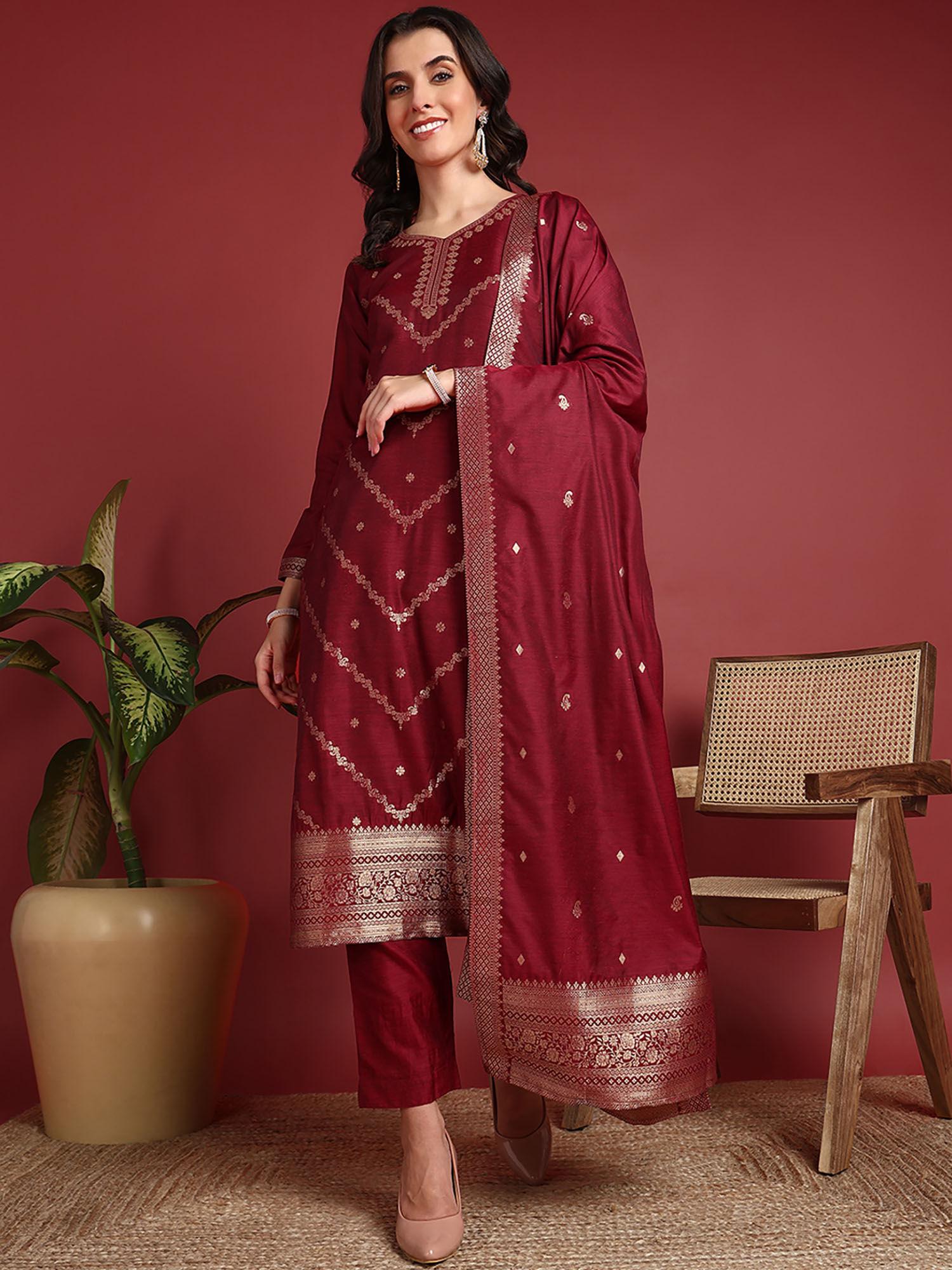 women maroon silk blend woven design straight kurta pant with dupatta (set of 3)