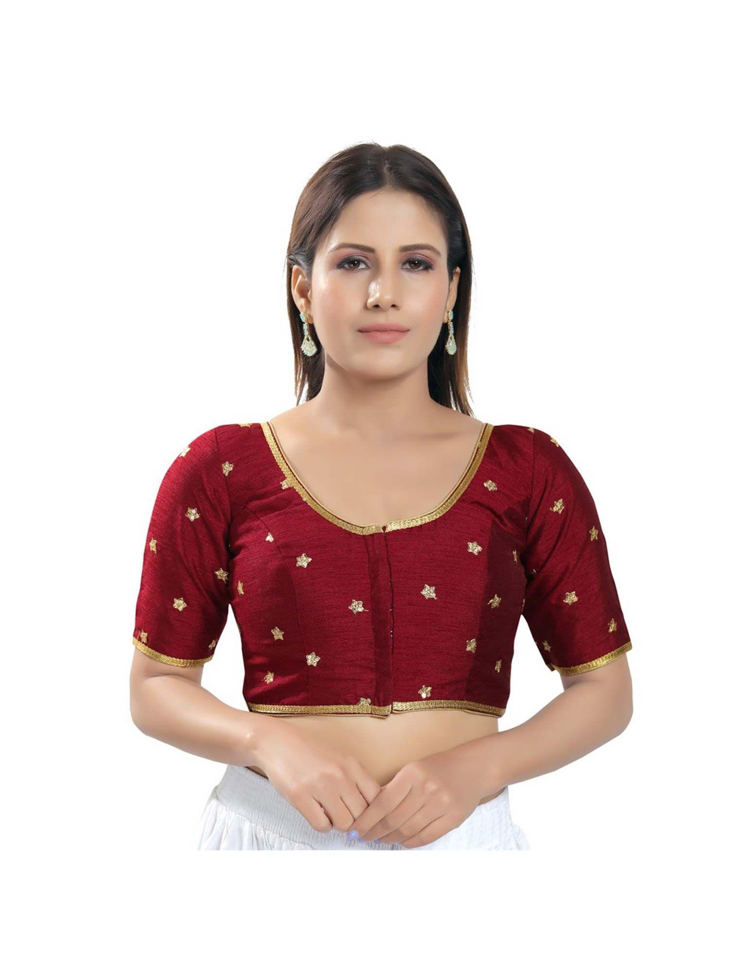 women maroon silk embroidered readymade saree blouse