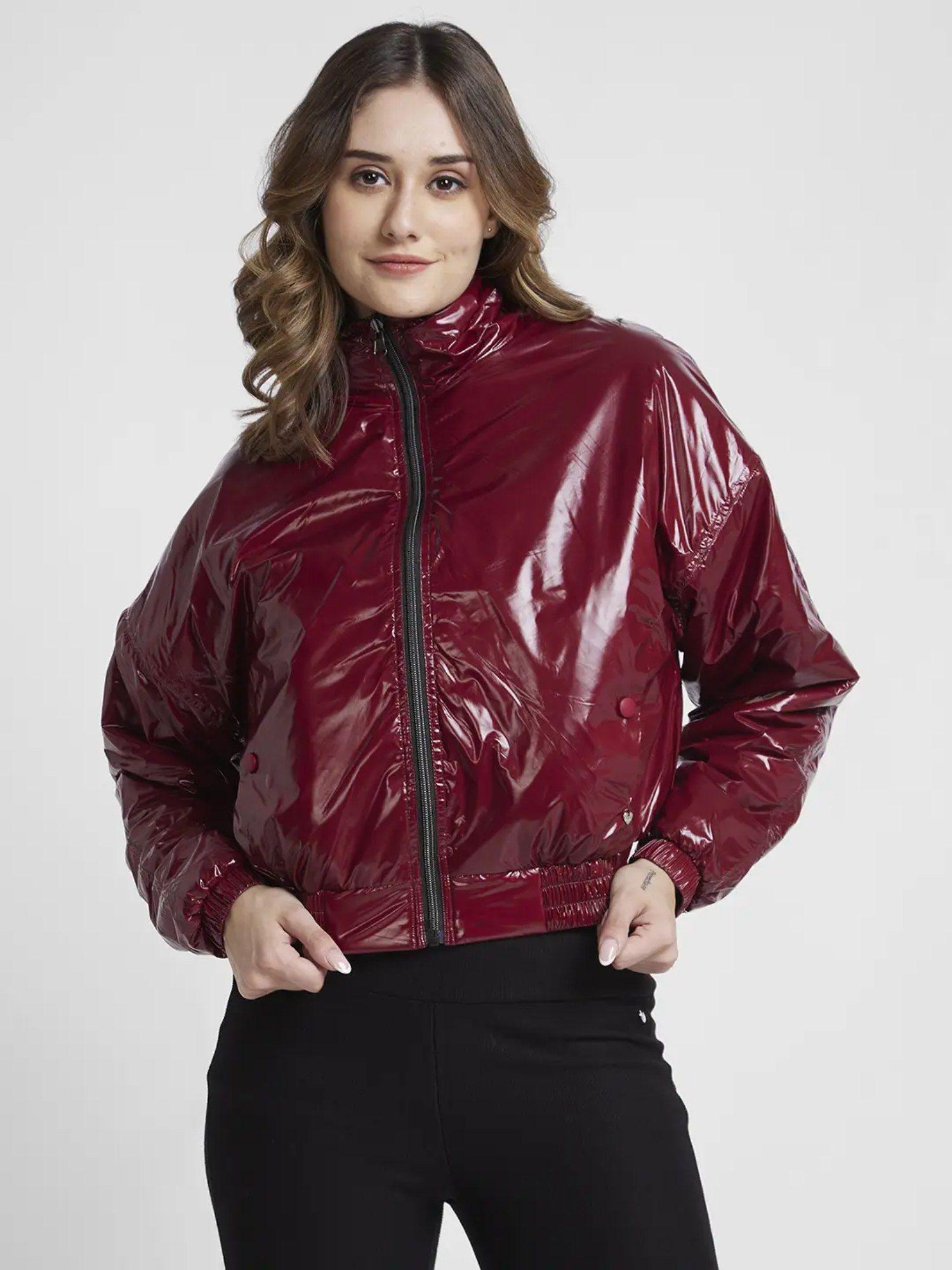 women maroon slim fit high neck plain crop jacket