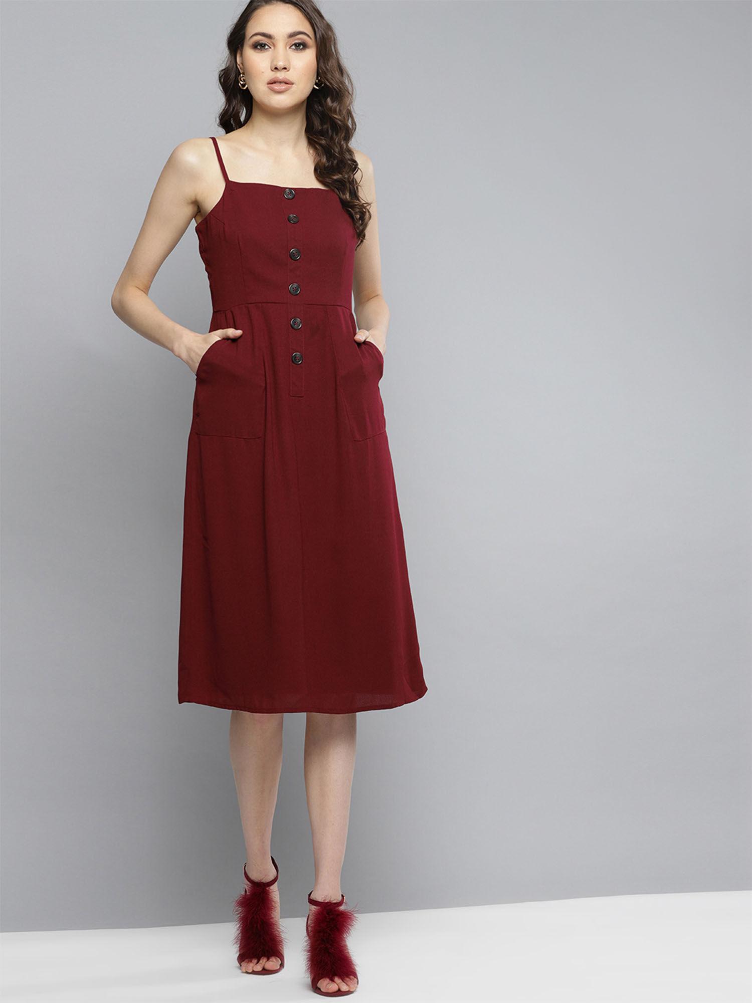 women maroon solid a-line dress