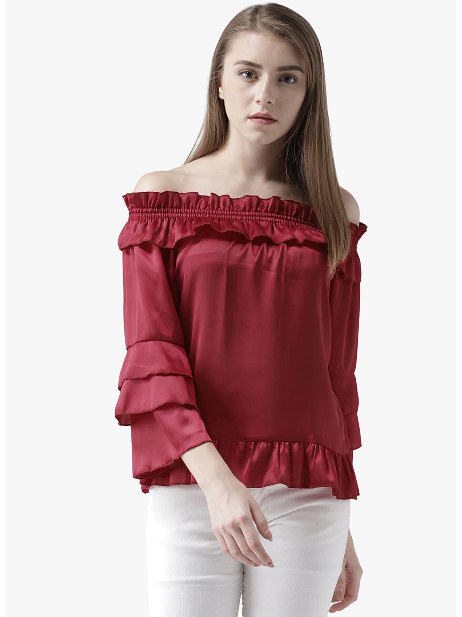 women maroon solid bardot top with satin finish