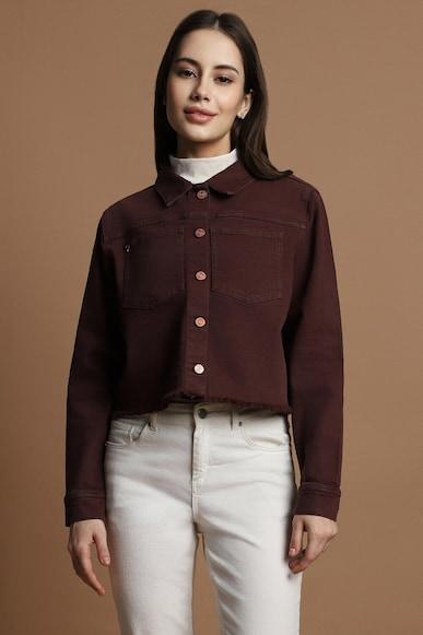 women maroon solid casual jacket