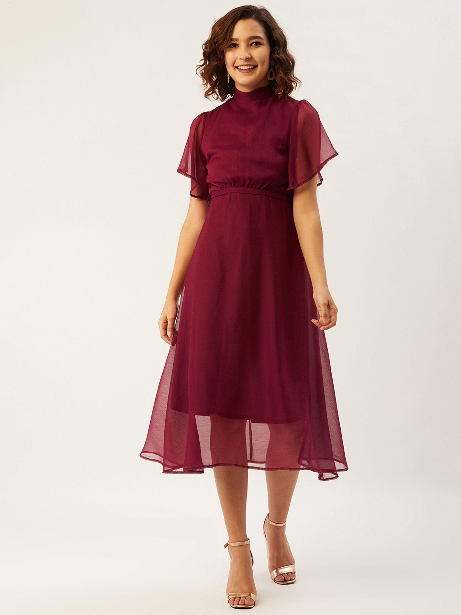 women maroon solid fit and flare dress