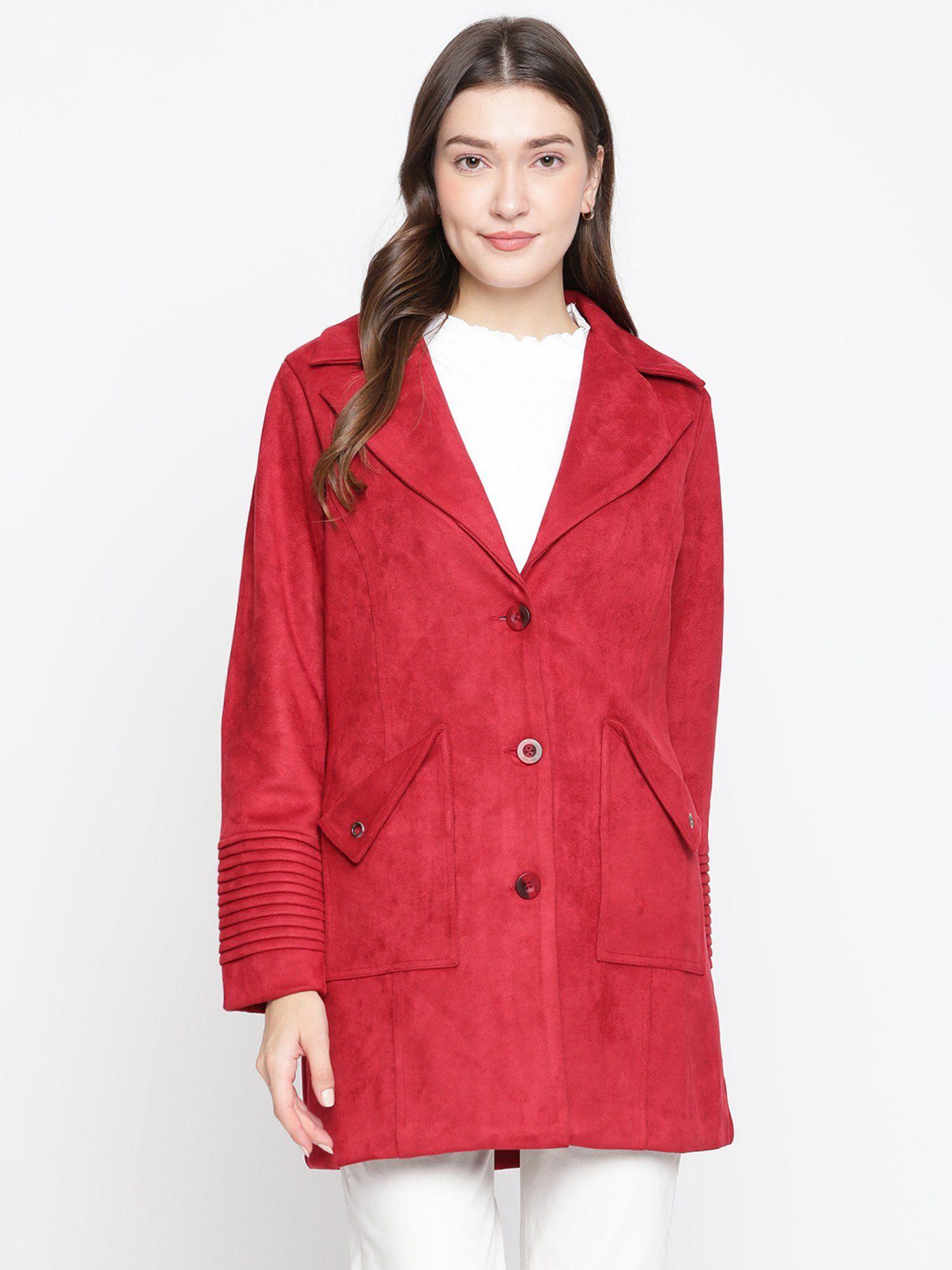 women maroon solid full sleeve overcoat