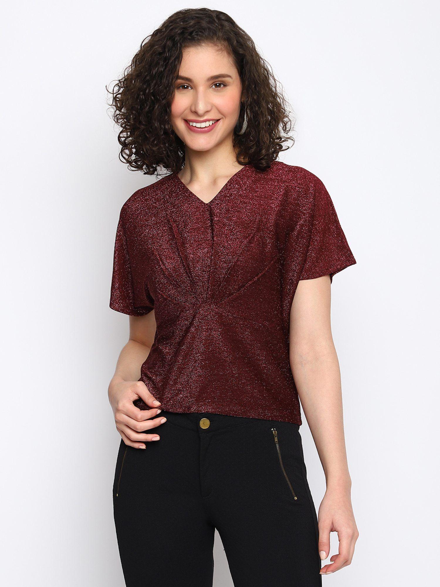 women maroon solid half sleeve regular top