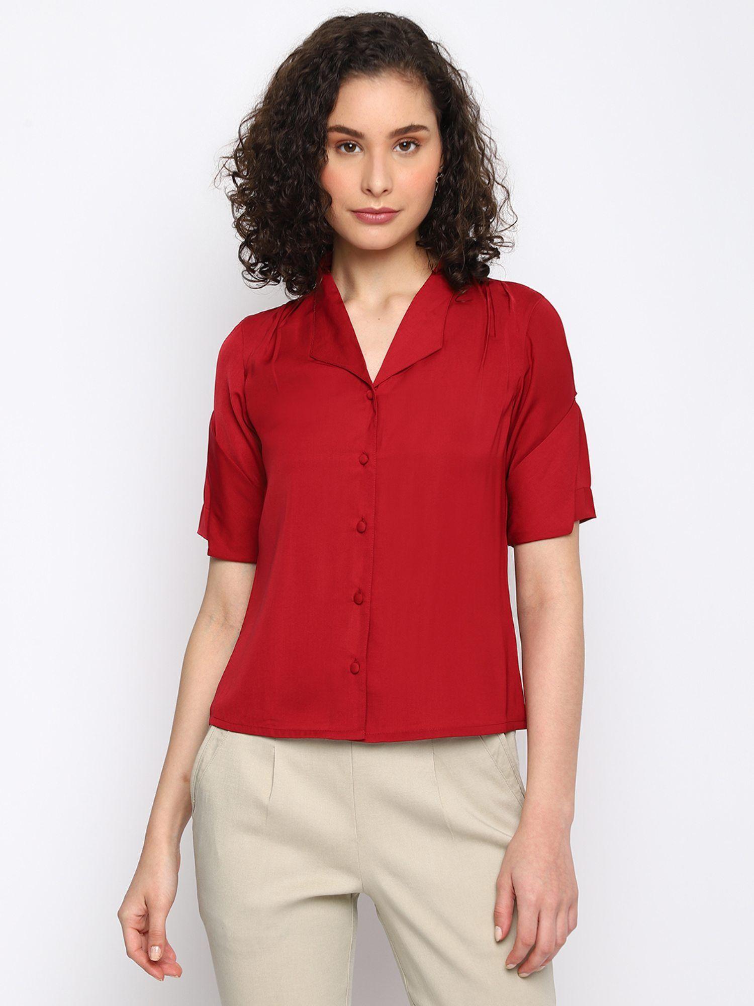 women maroon solid half sleeve shirt top