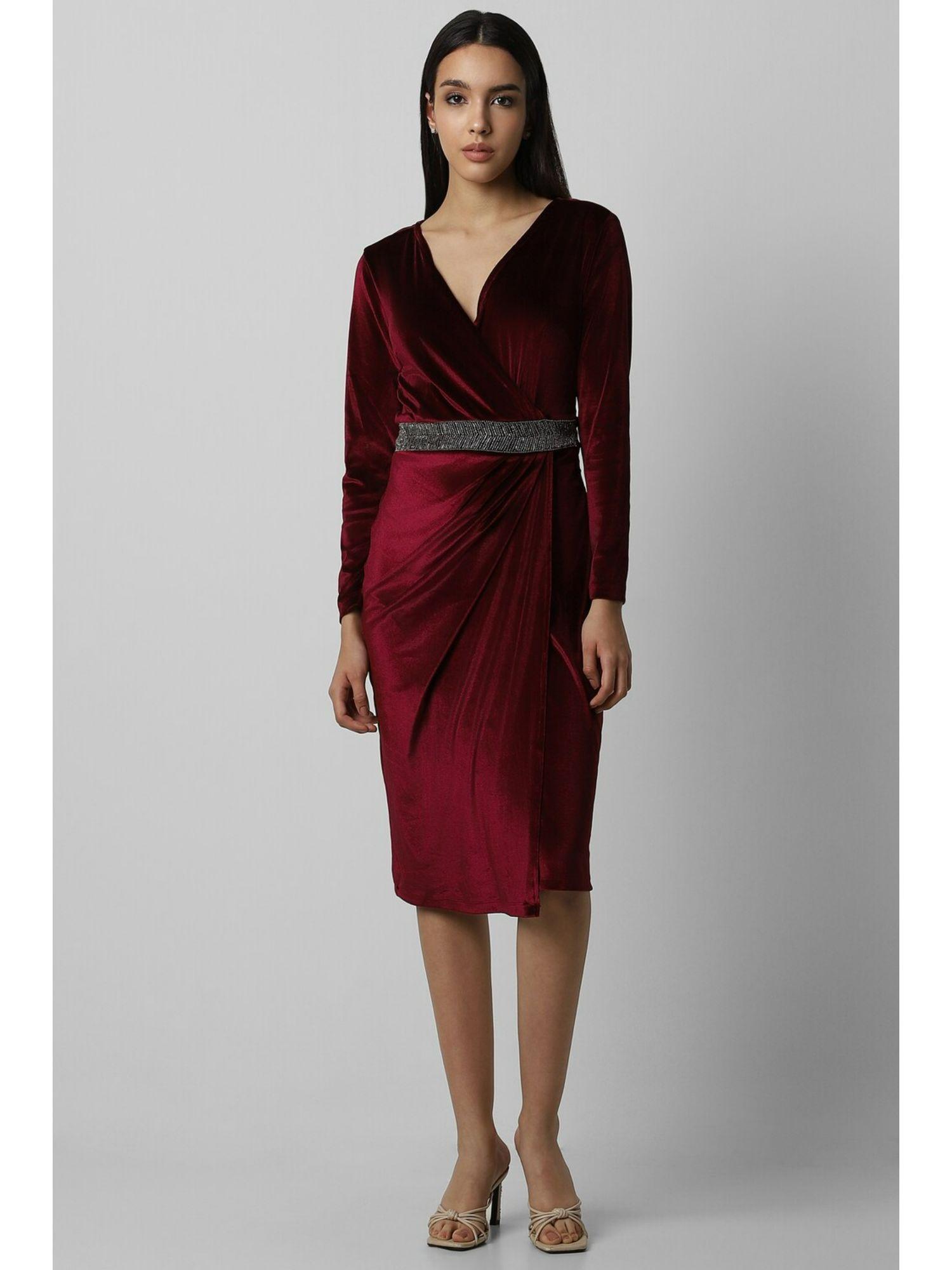 women maroon solid knee length party dress