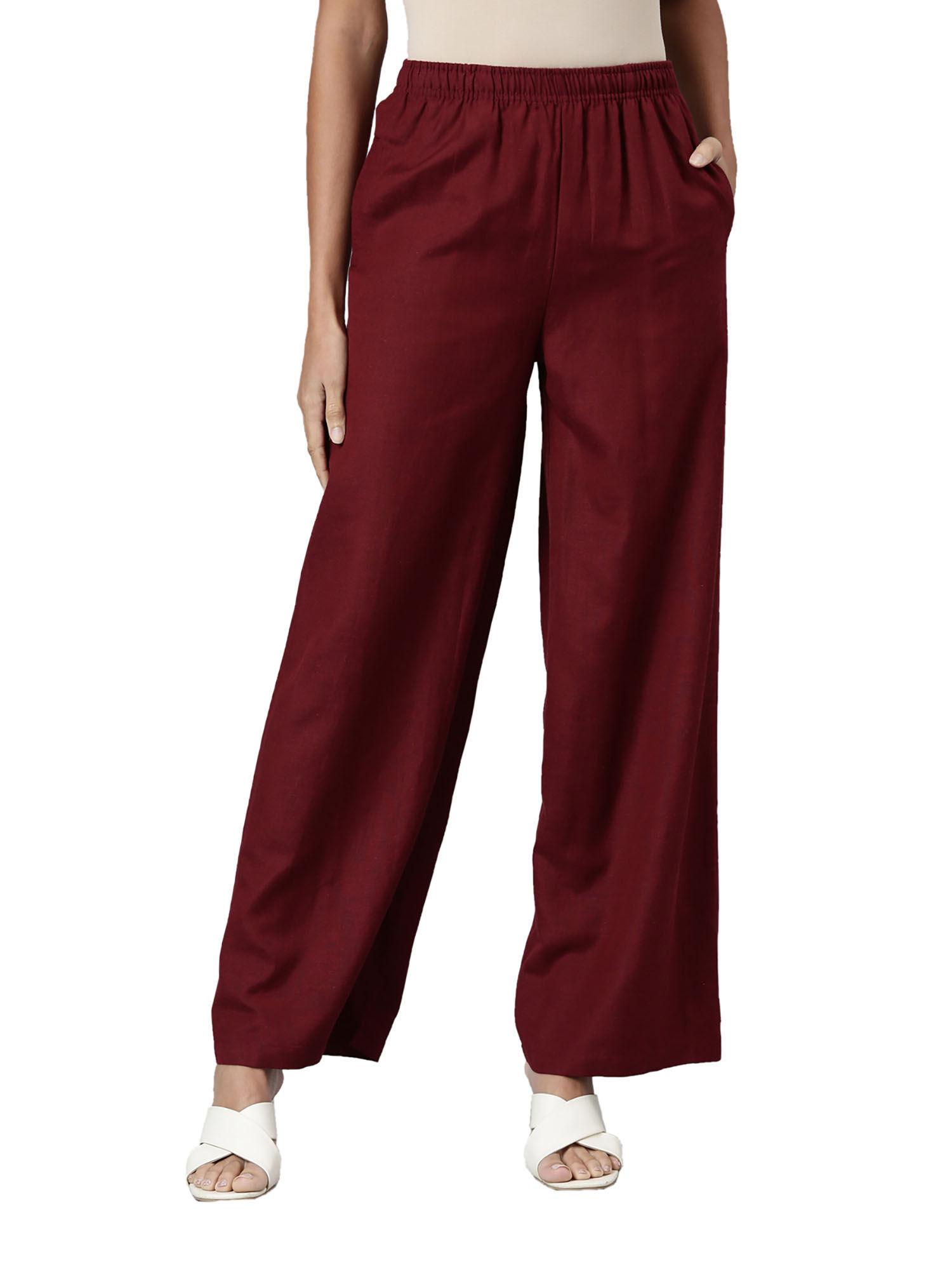 women maroon solid linen palazzos