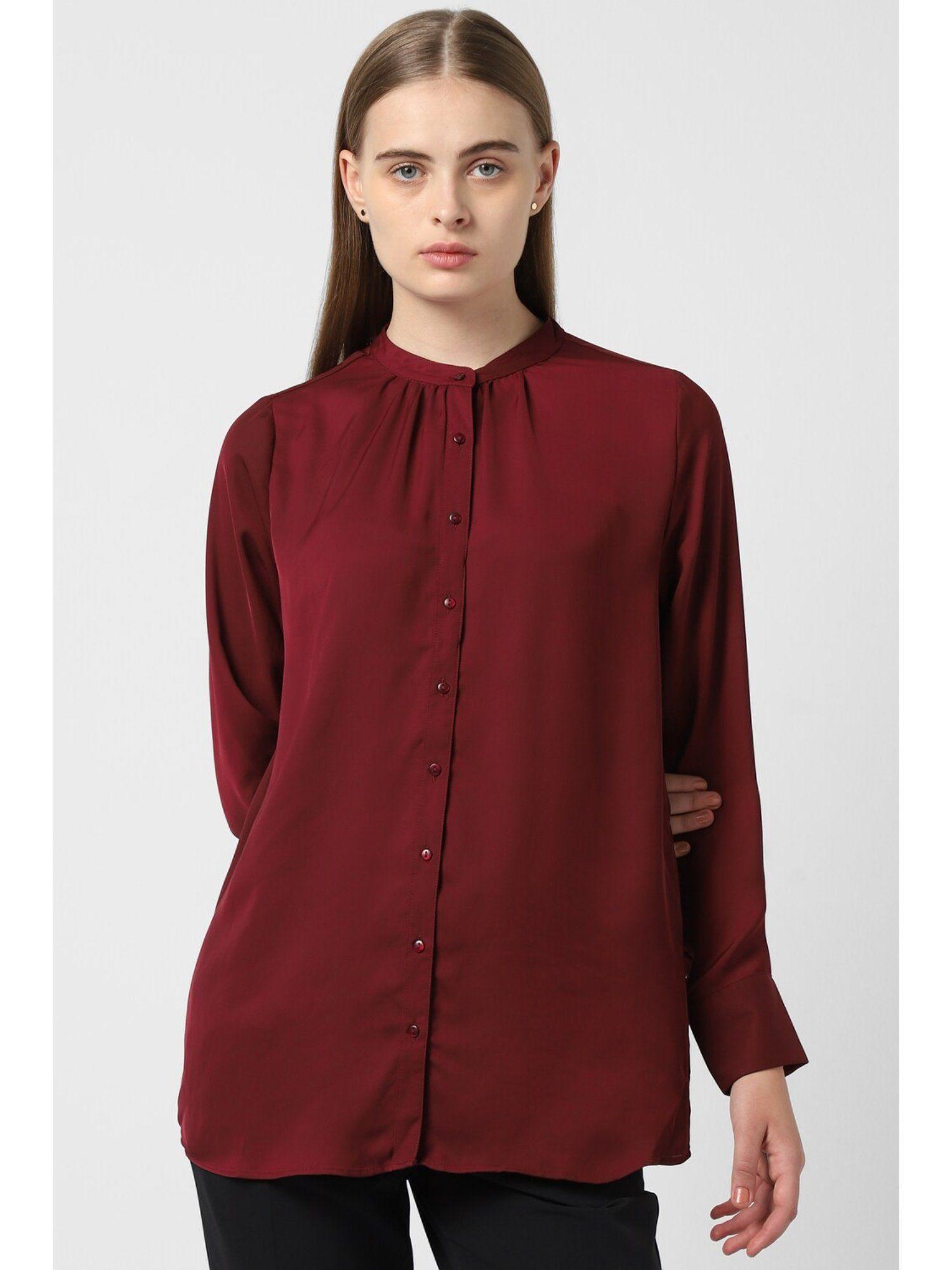 women maroon solid long sleeves formal shirt