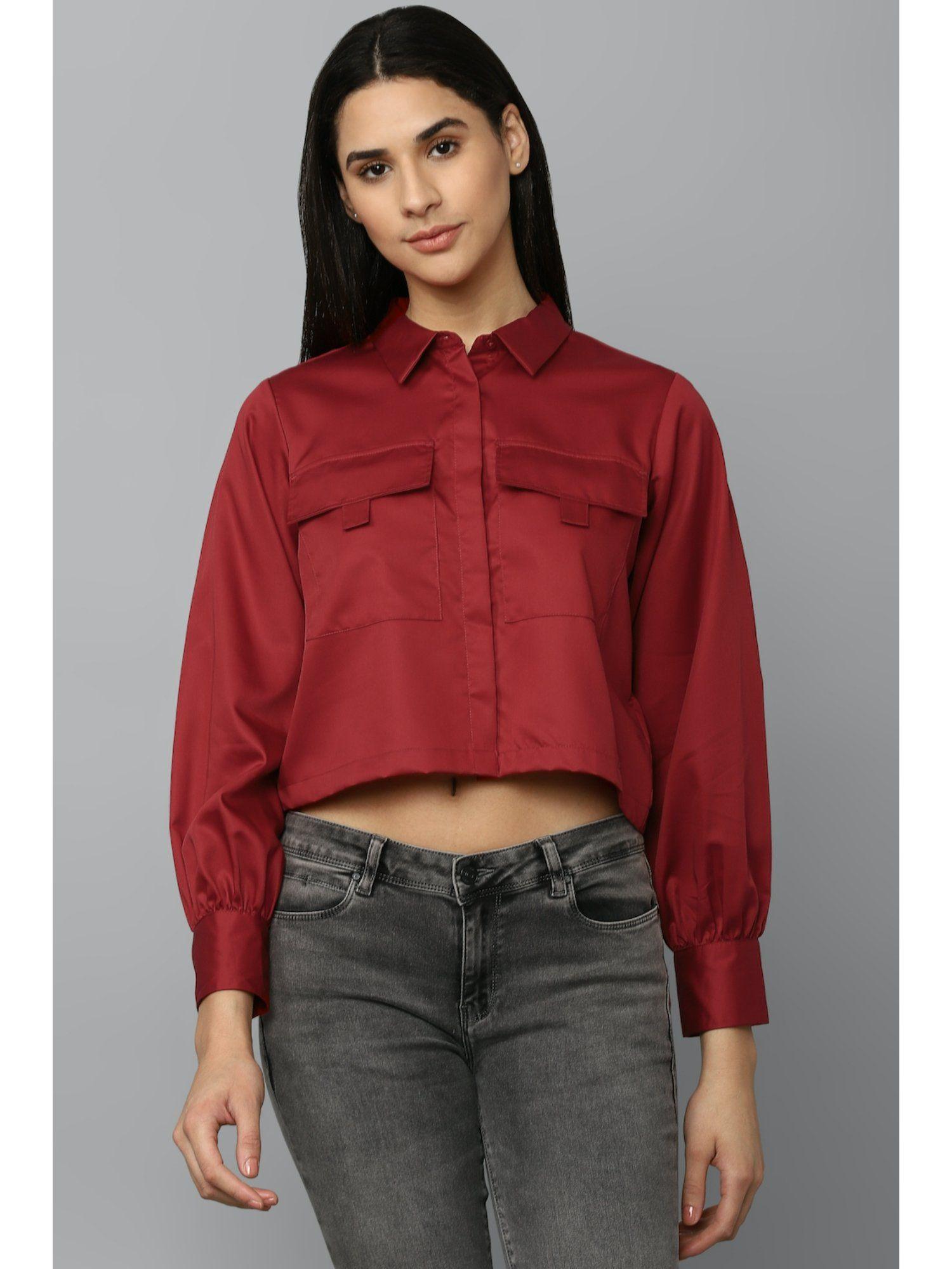 women maroon solid long sleeves shirt