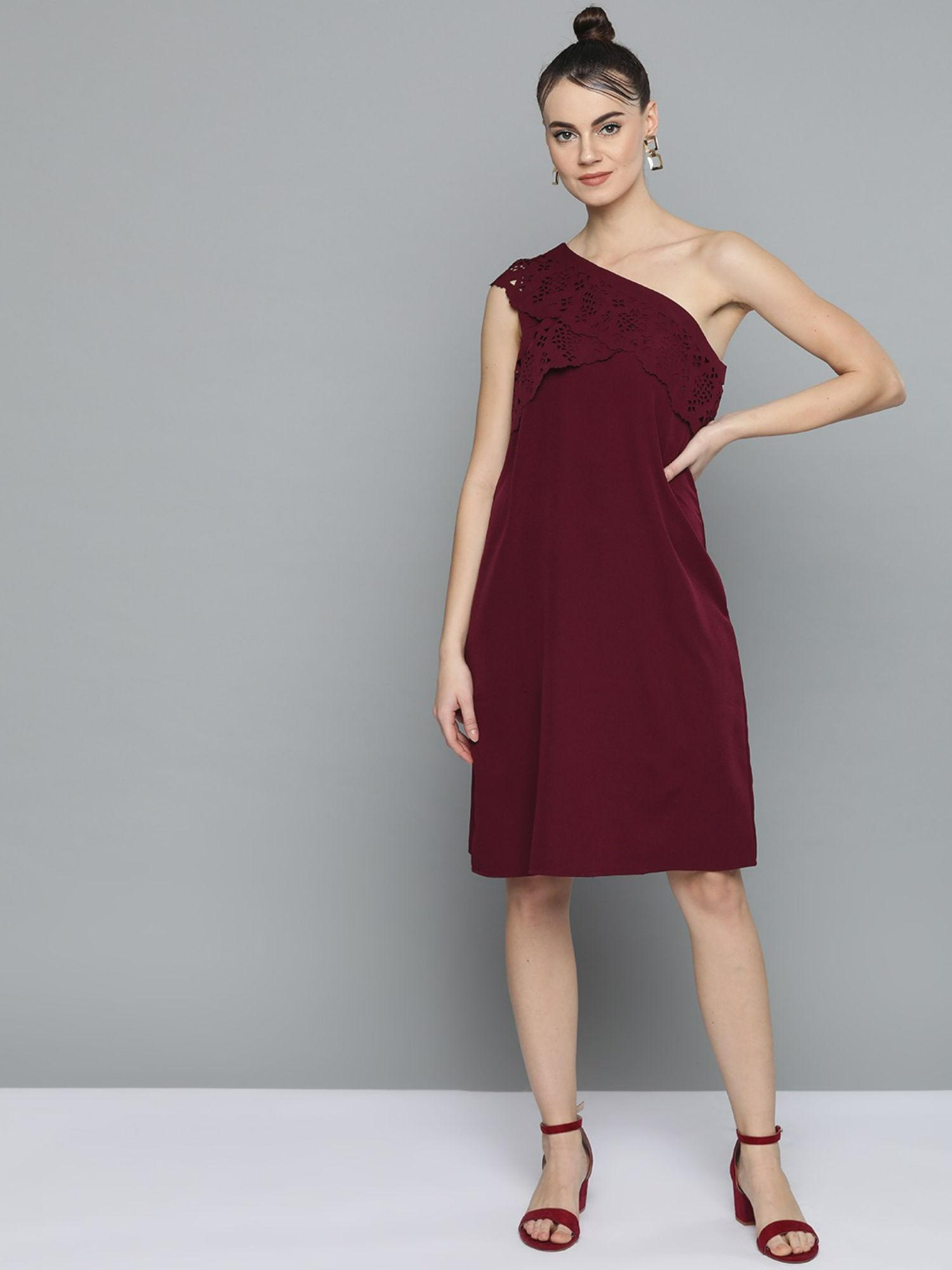 women maroon solid one shoulder a-line dress