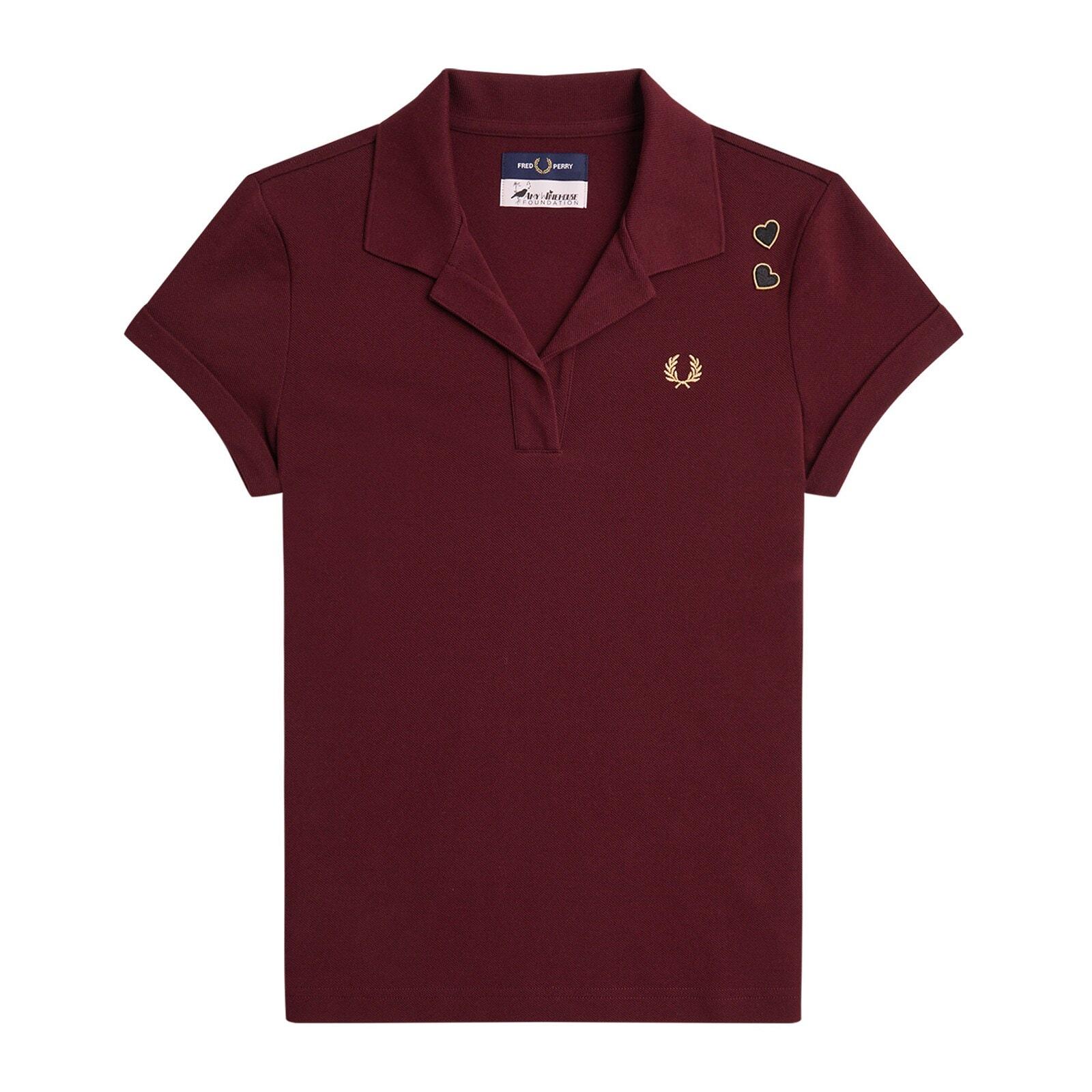 women maroon solid open-collar logo polo