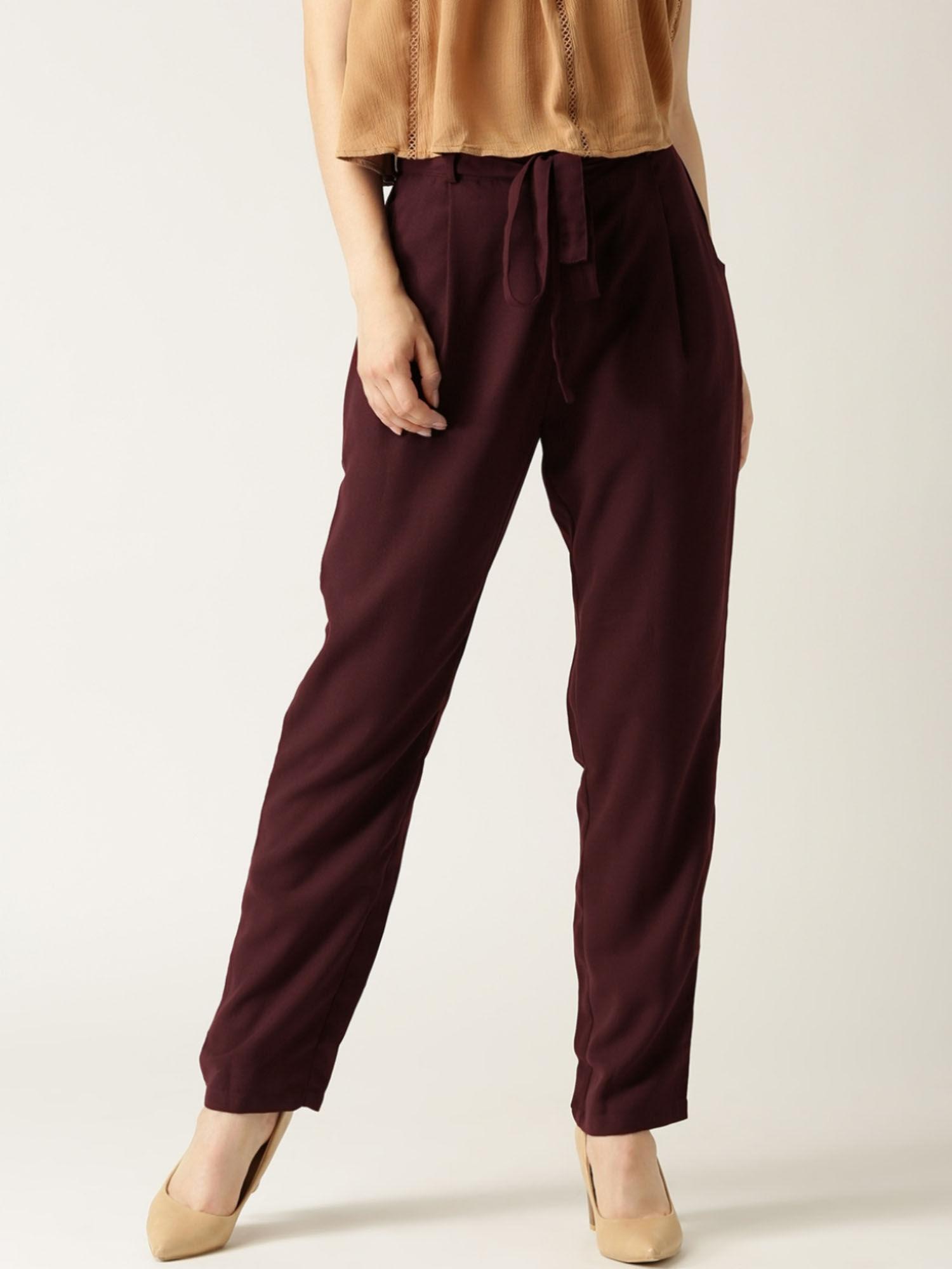 women maroon solid original fit peg trousers