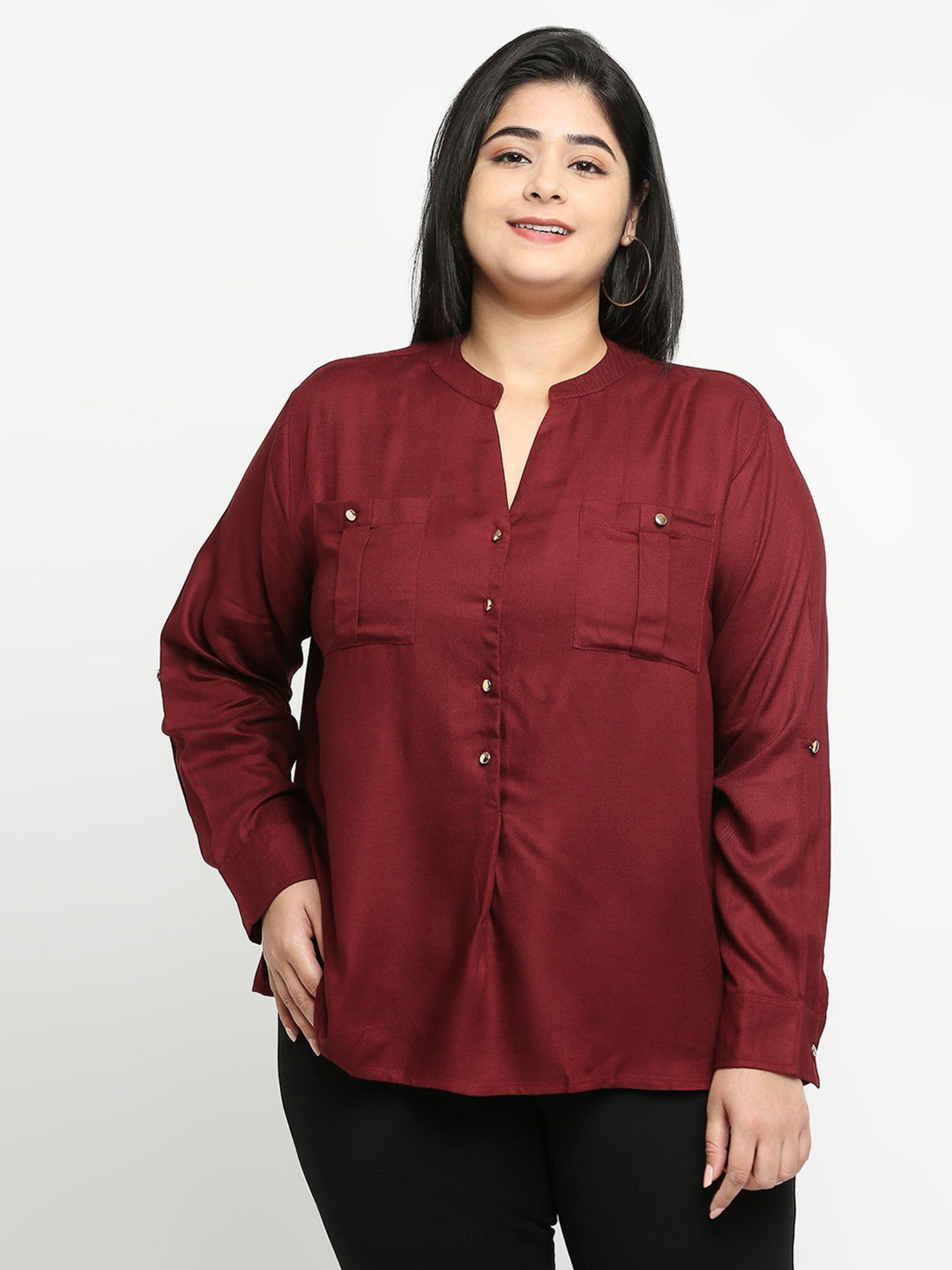 women maroon solid plus size shirt