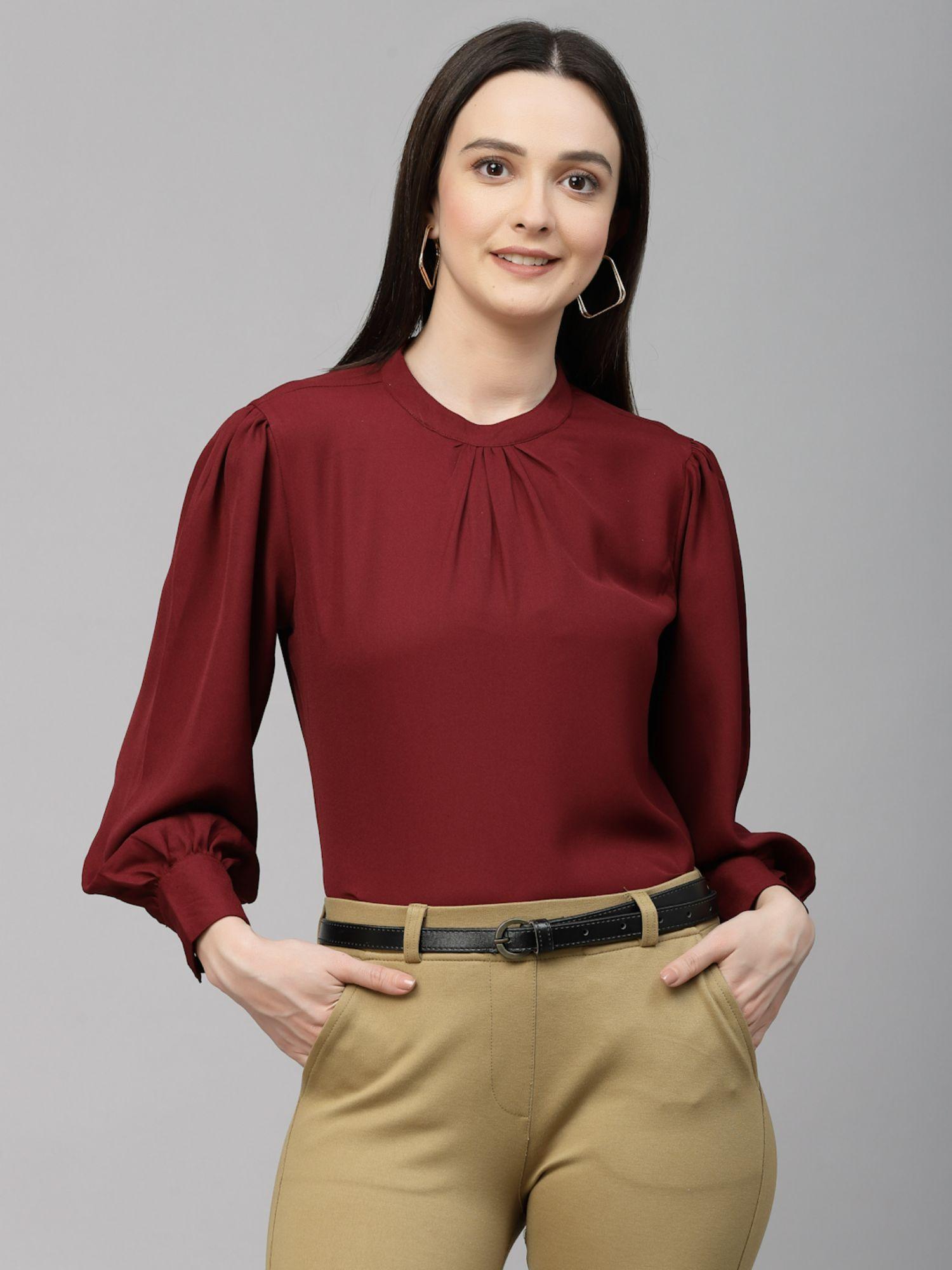 women maroon solid polyester regular smart casual top