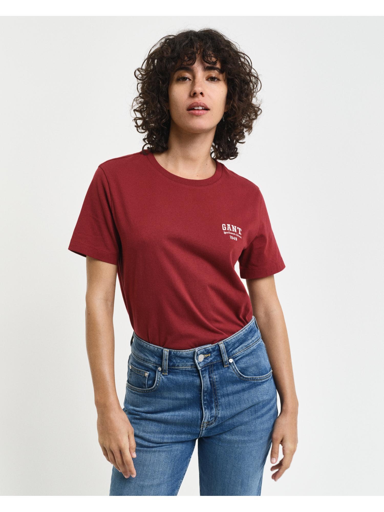 women maroon solid round neck short sleeves t-shirt