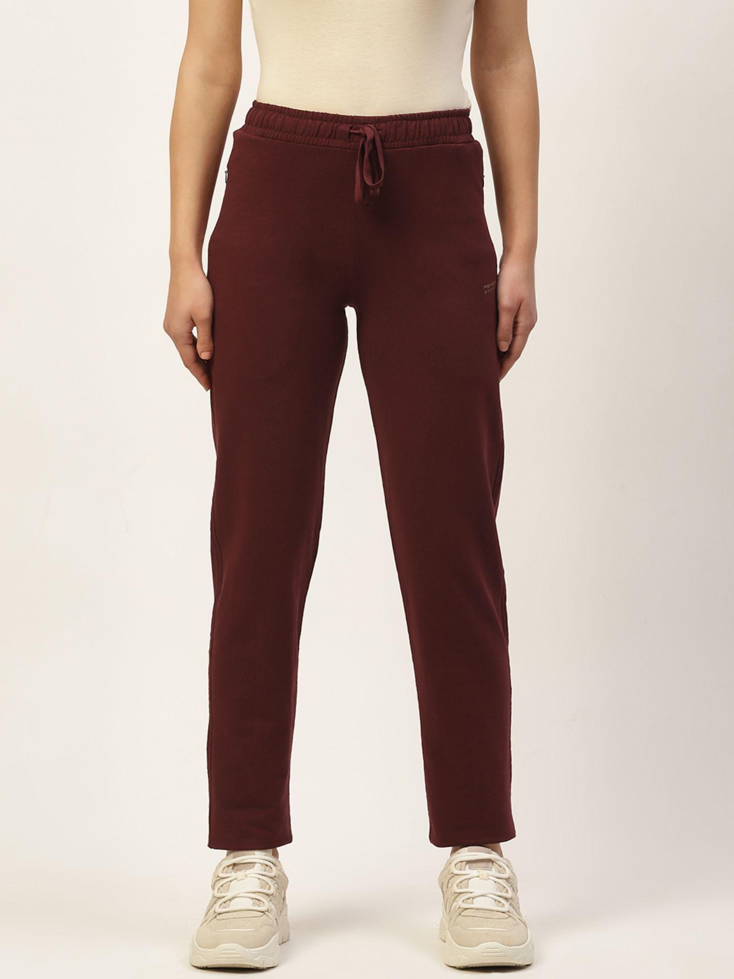 women maroon solid straight fit burgundy track pant