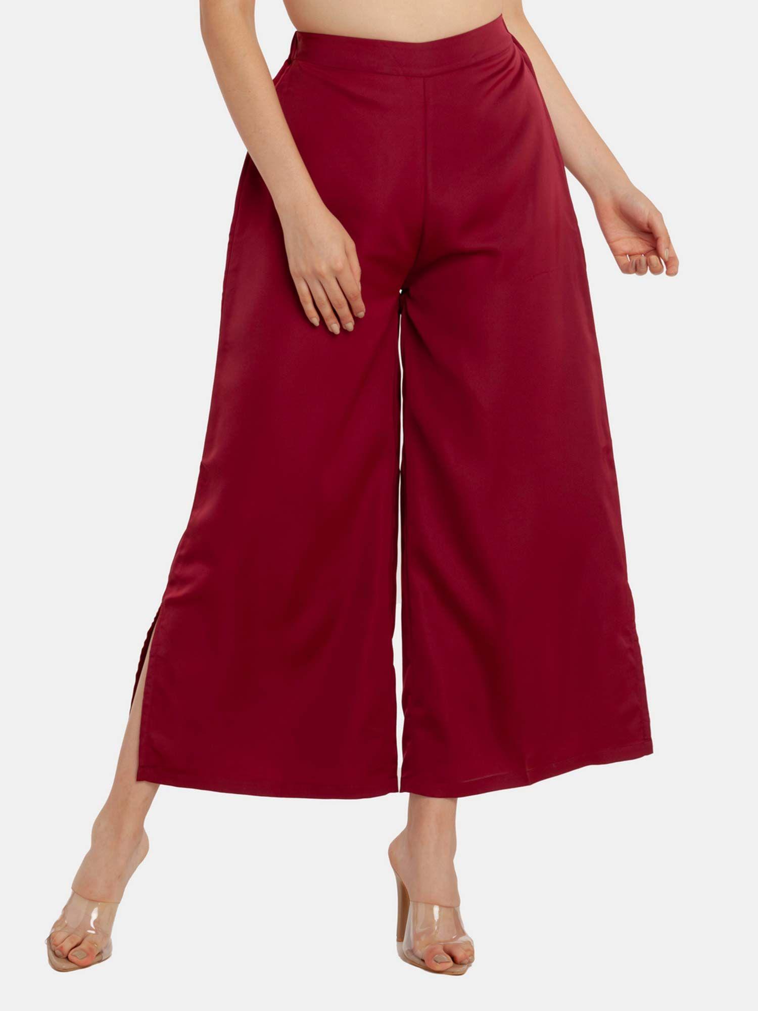 women maroon solid trouser