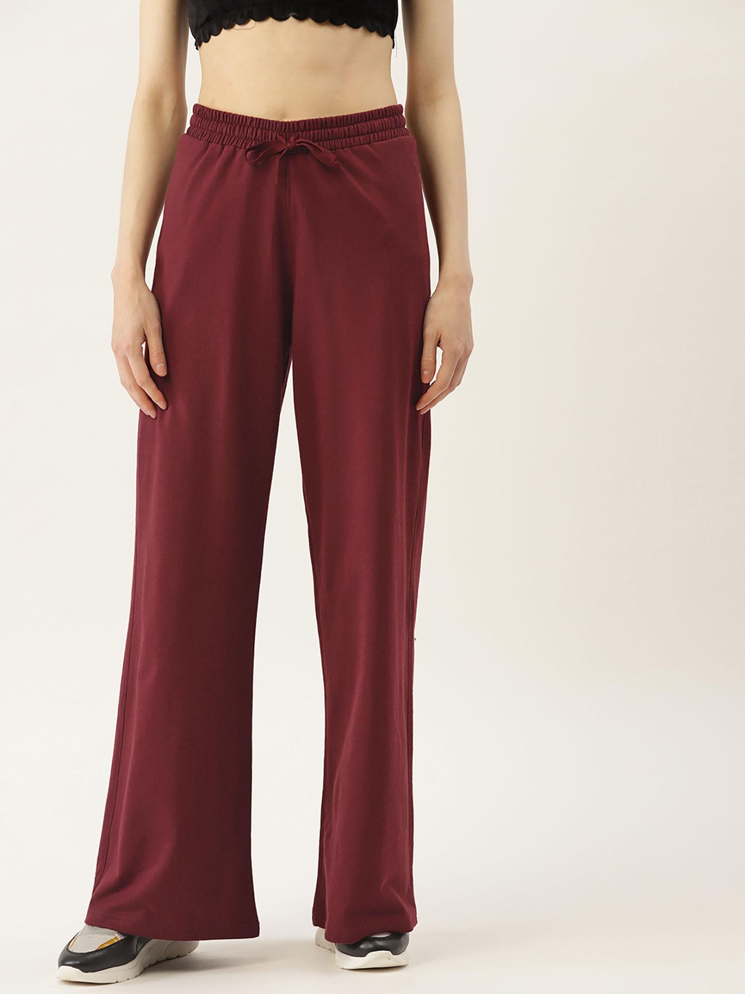 women maroon solid wide leg track pants