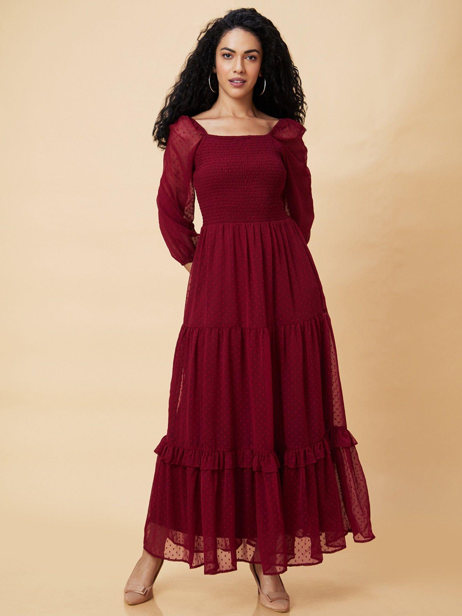 women maroon square neck raglan sleeves smocked tiered fit & flare maxi dress