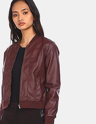 women maroon stand collar solid bomber jacket