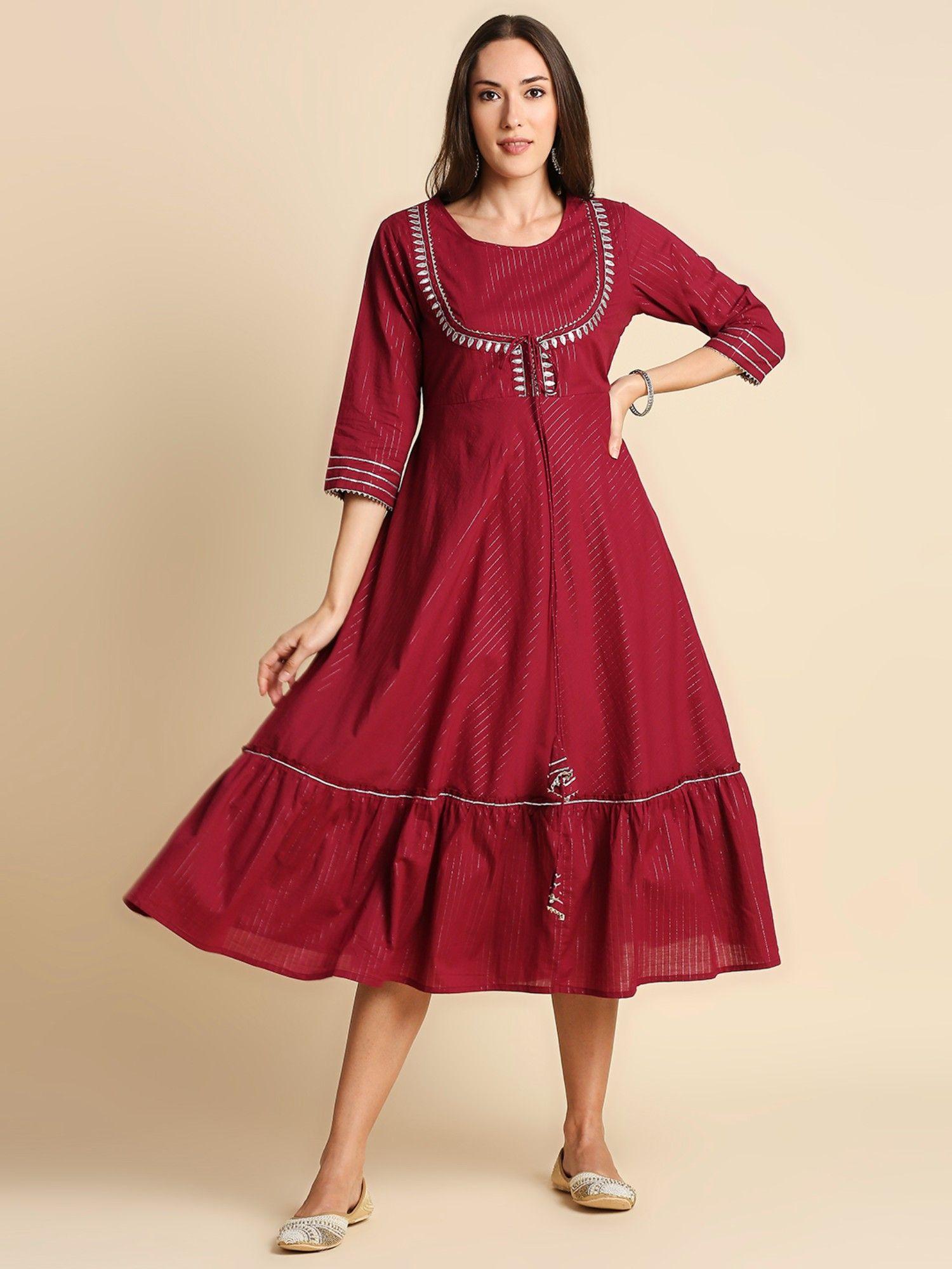 women maroon striped ethnic midi dress