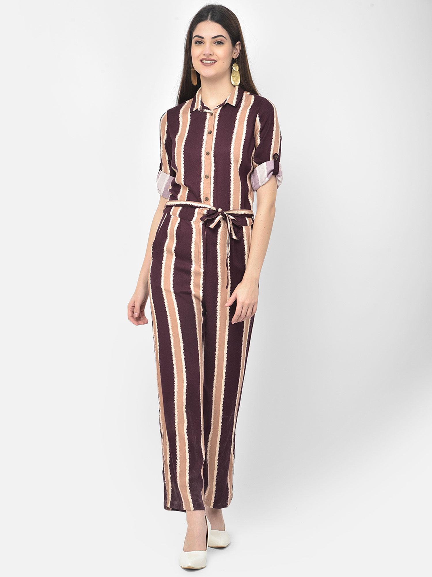 women maroon striped spread collar jump suit