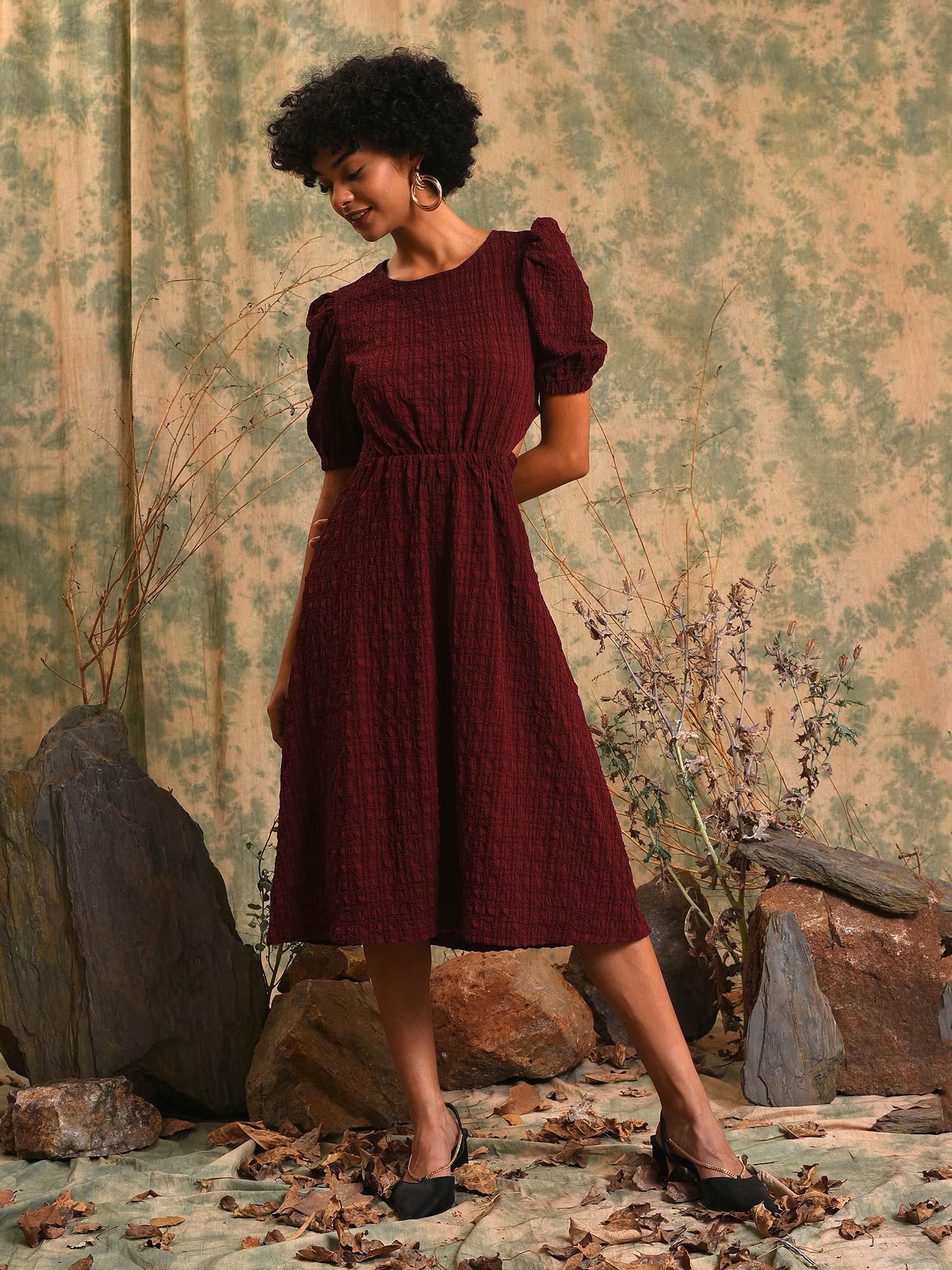 women maroon stylish casual midi dresses