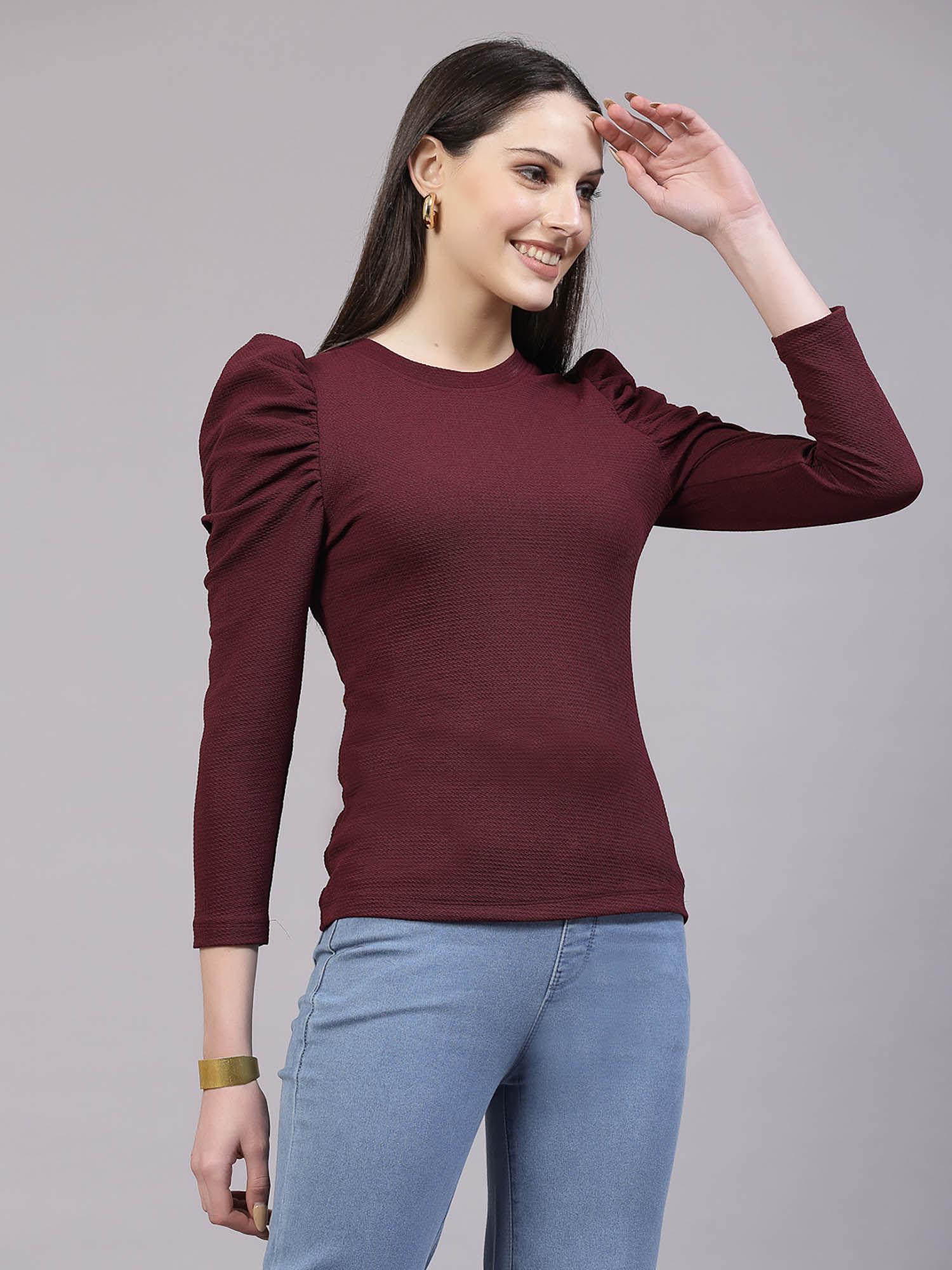 women maroon texture polyester slim fit smart casual puff sleeve top