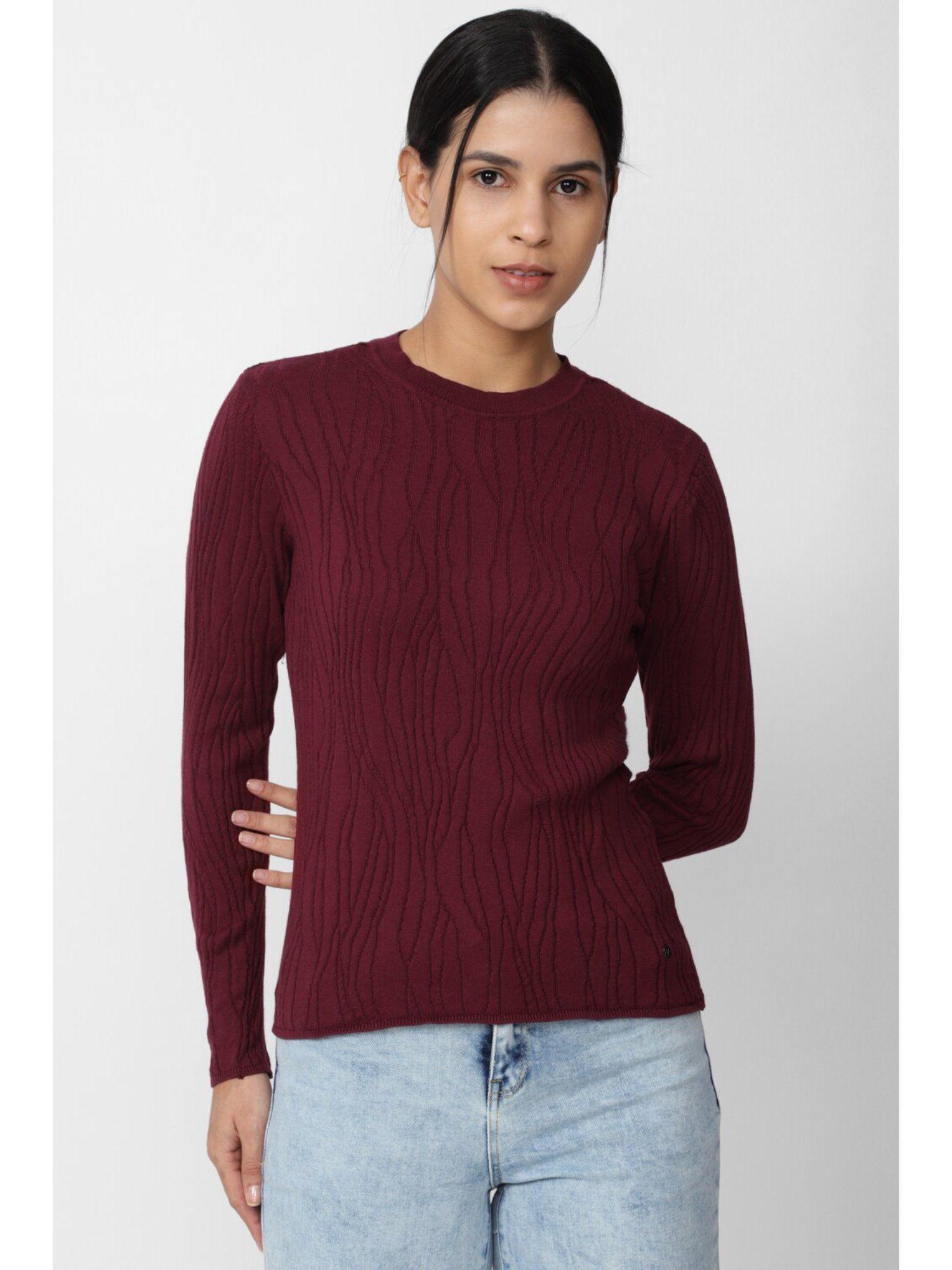 women maroon textured casual round neck top