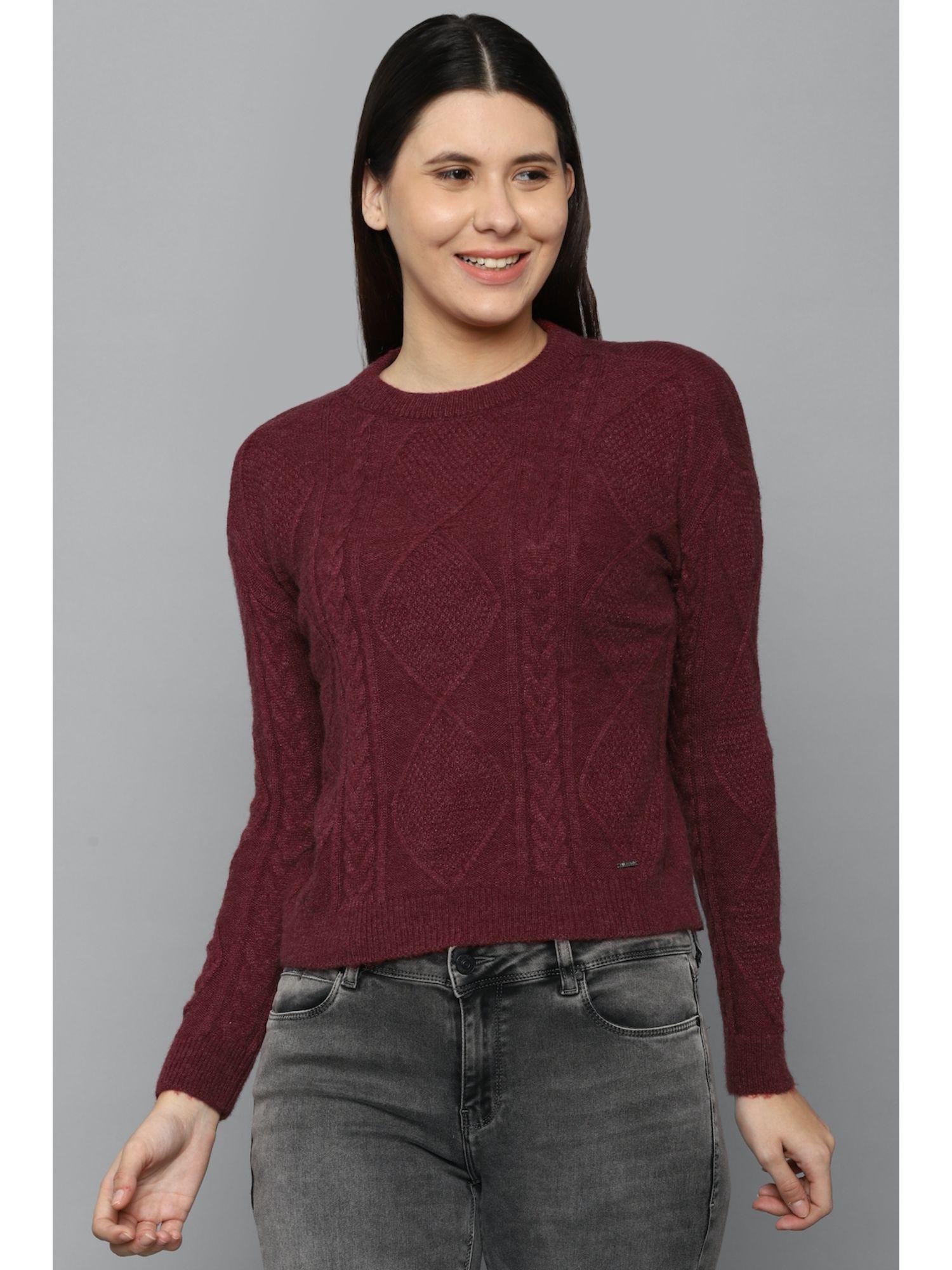 women maroon textured round neck casual sweater