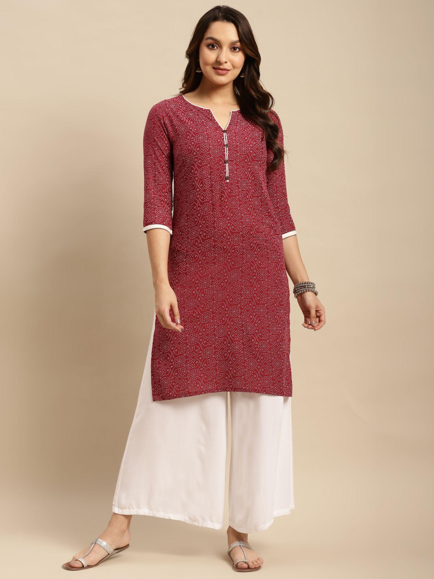 women maroon tonal printed contrast placket knee length straight kurta