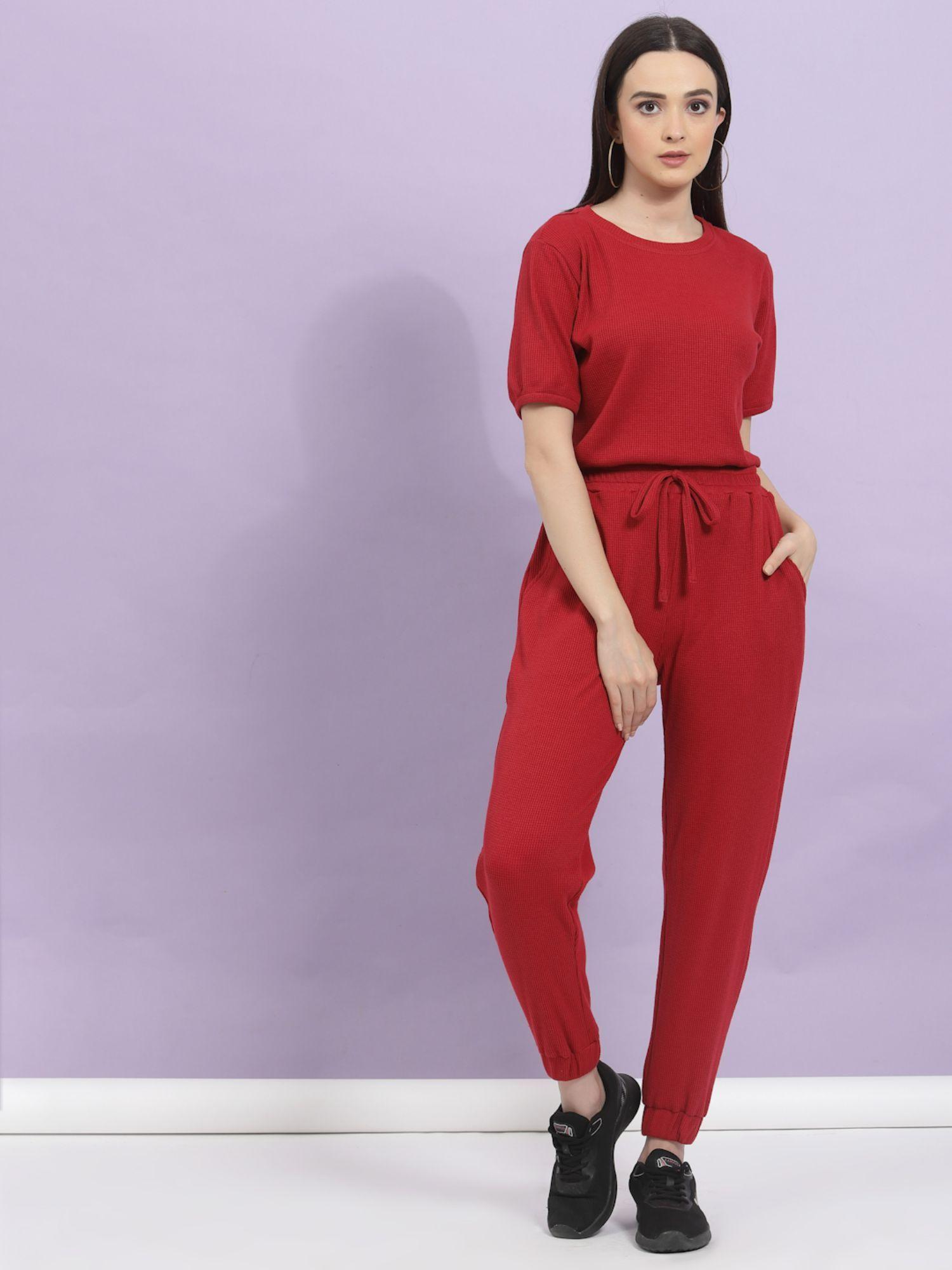 women maroon waffle knit co-ord