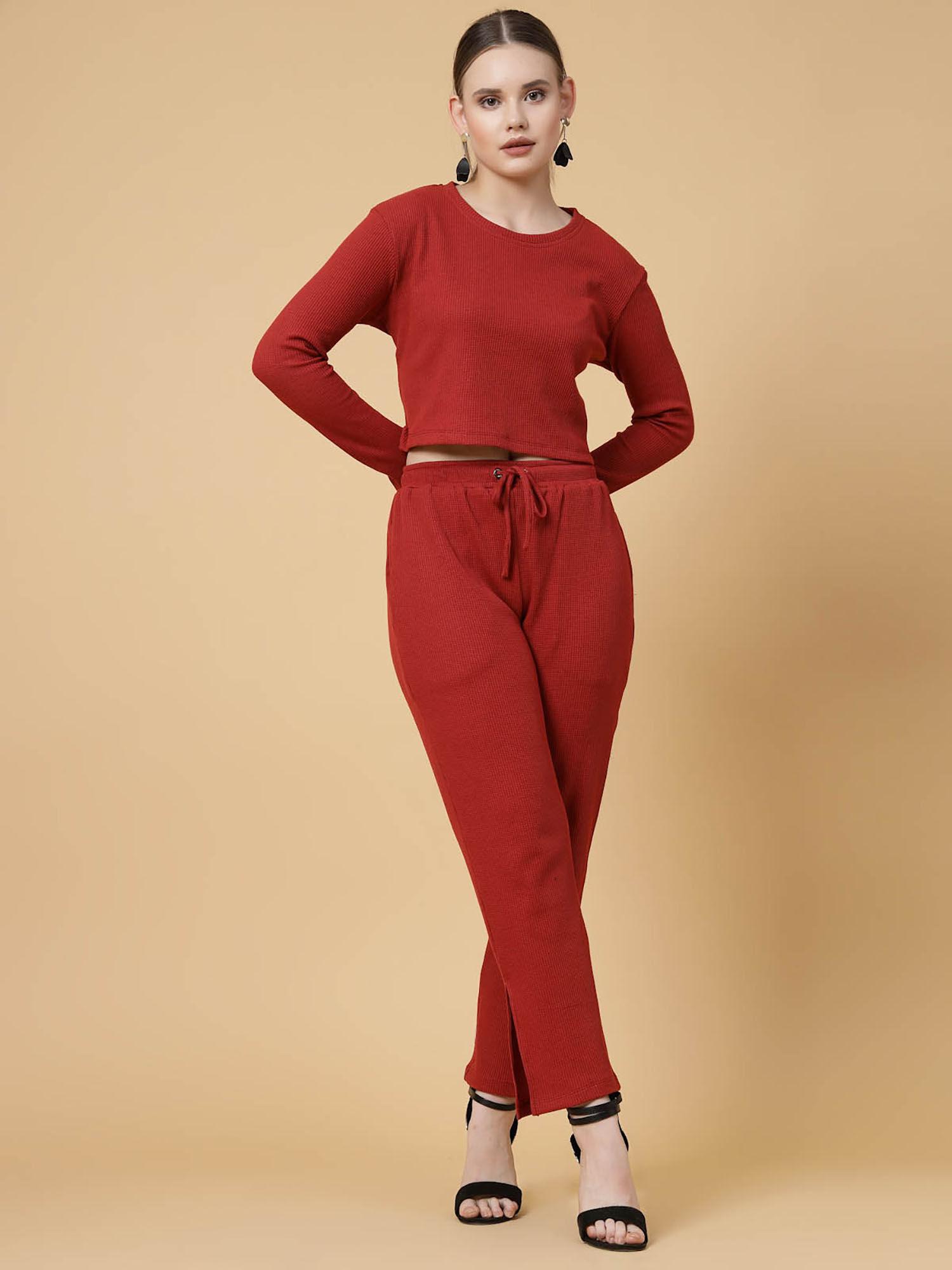 women maroon waffle solid co-ord (set of 2)