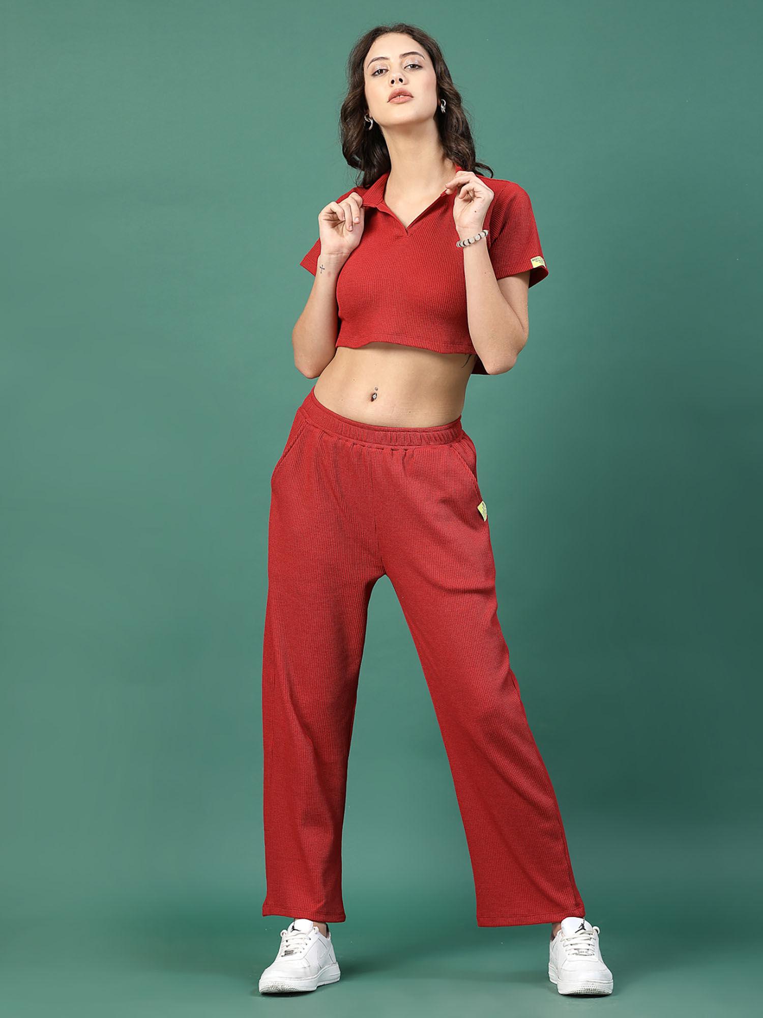 women maroon waffle top and trousers (set of 2)