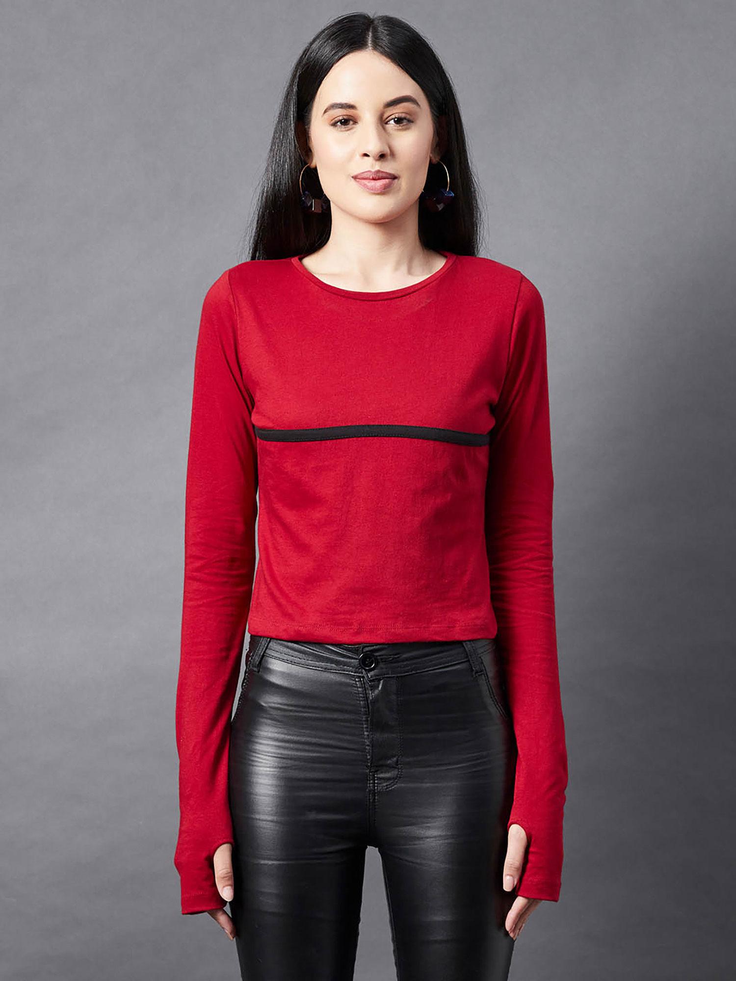 women maroon with contrast thumbhole round neck crop top