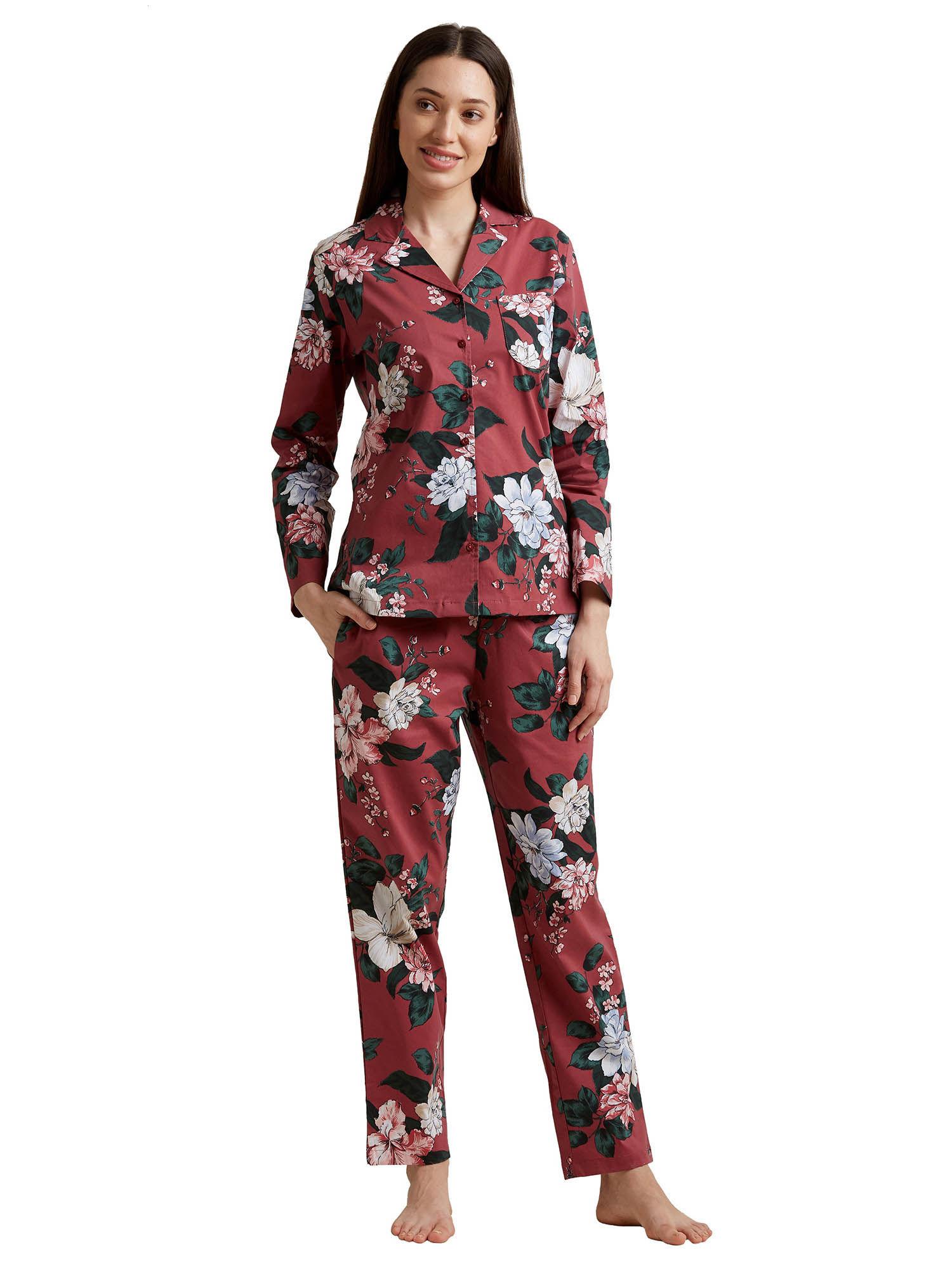 women maroon with flower print night suit