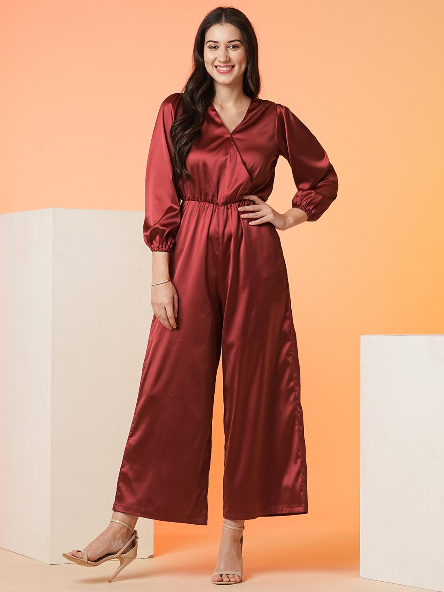 women maroon wrap neck bishop sleeves party wear jumpsuit