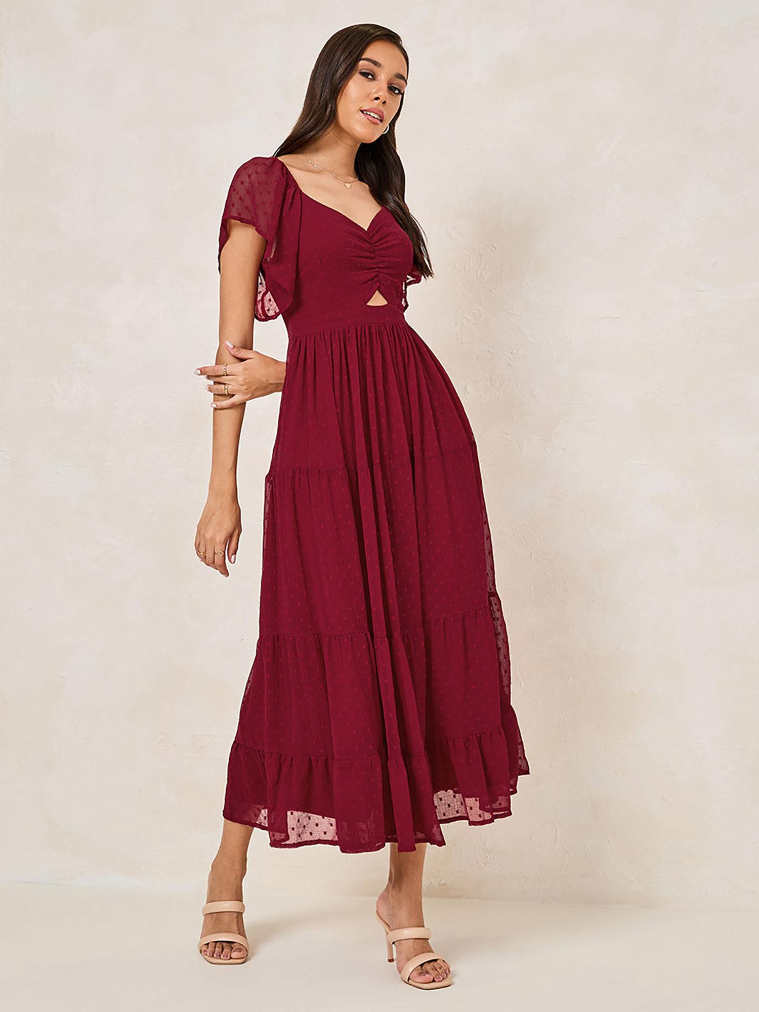 women maroontiered maxi dress with flutter sleeve