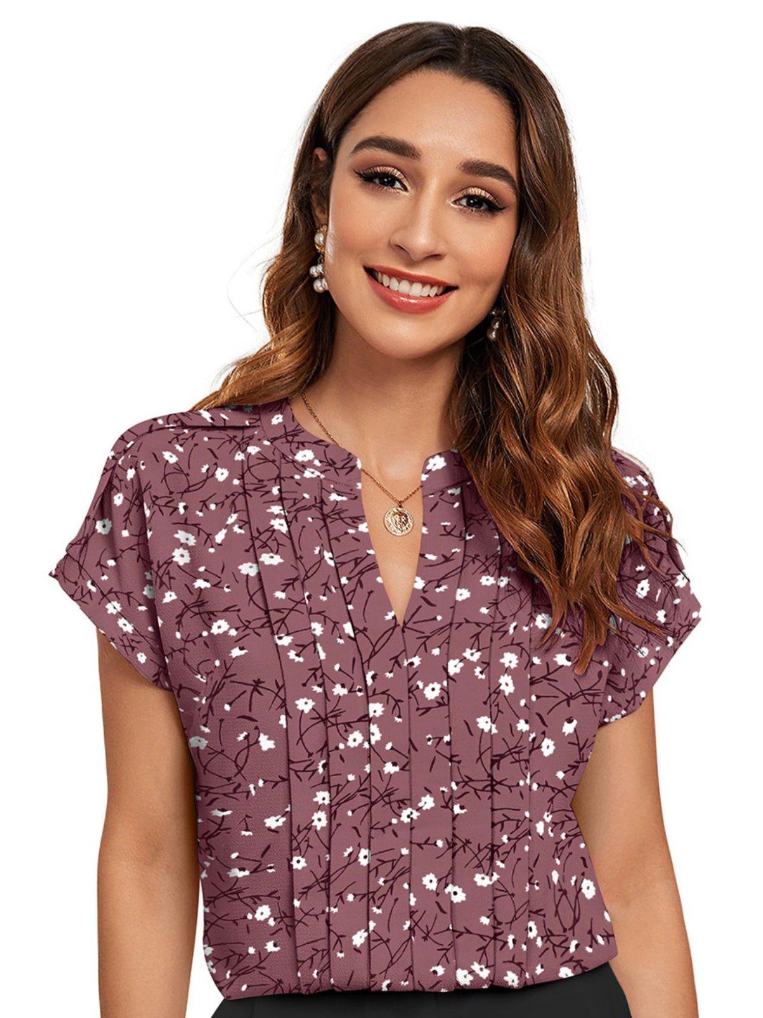 women mauve cotton blend floral printed top