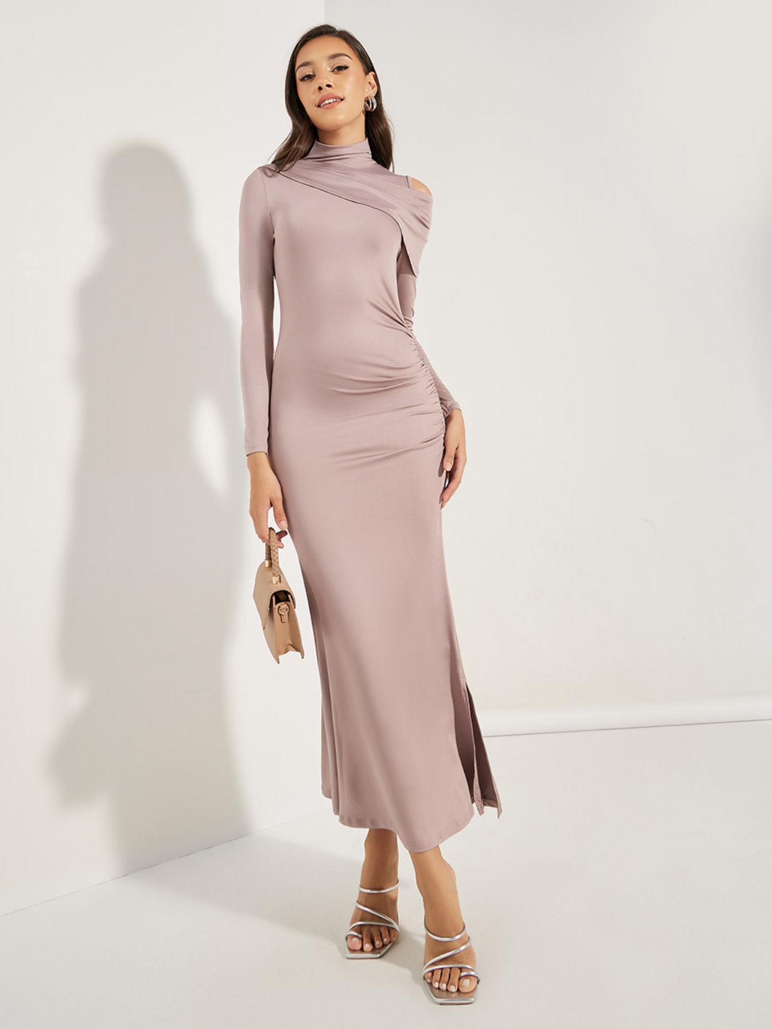 women mauve draped high neck maxi dress with cut-out detail