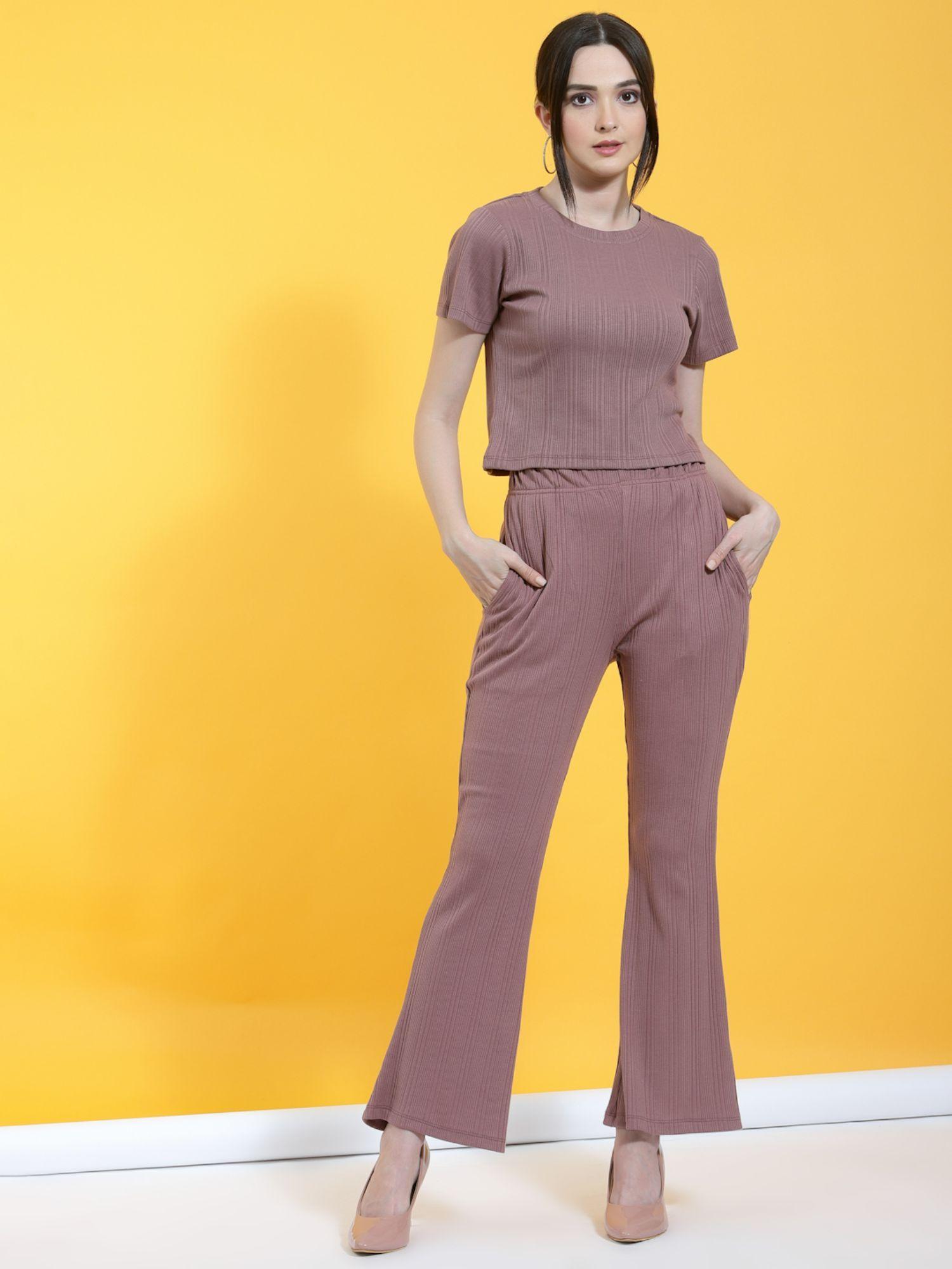 women mauve drop needle rib knit co-ord