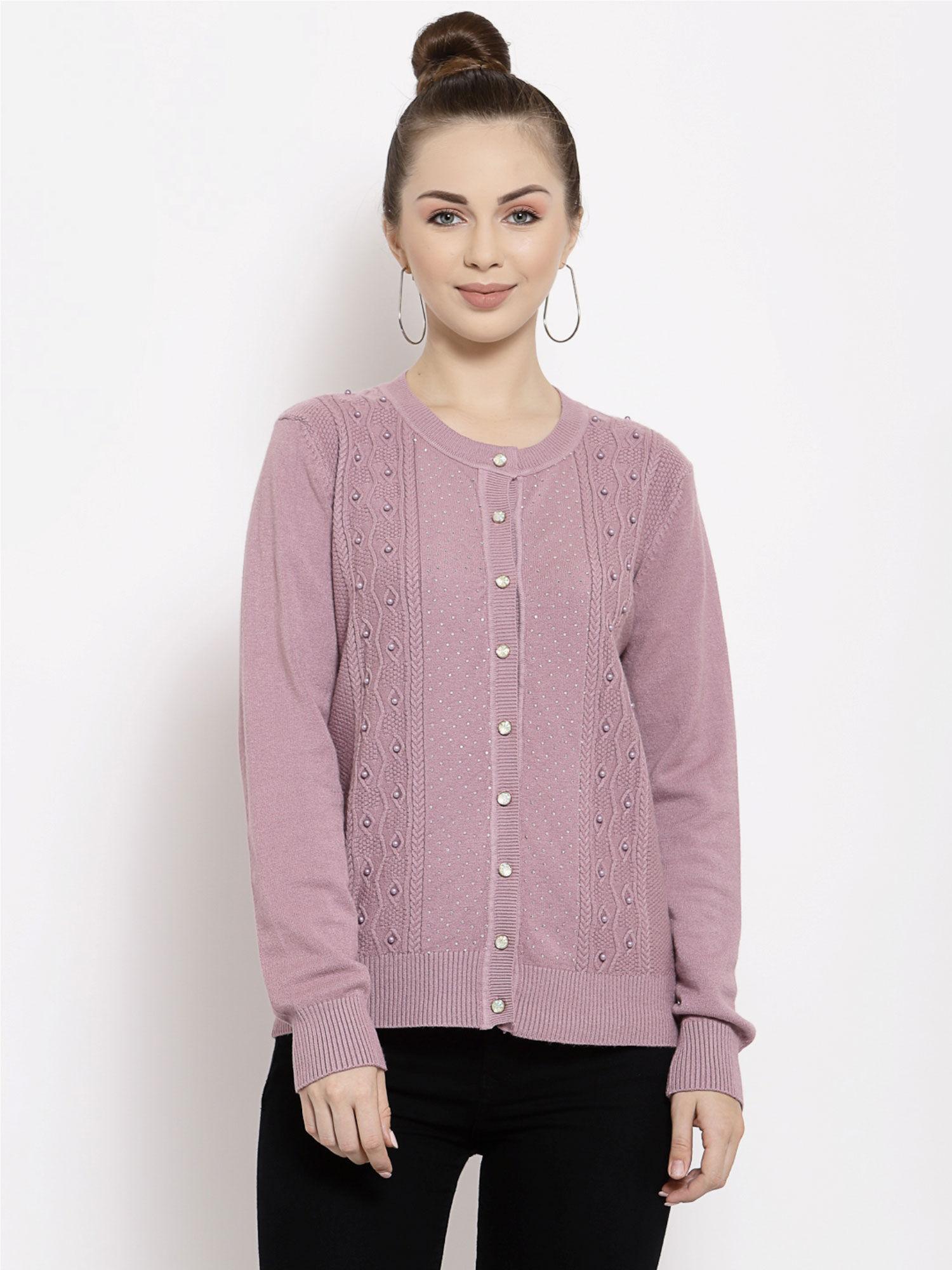 women mauve embellished round neck viscose cardigan