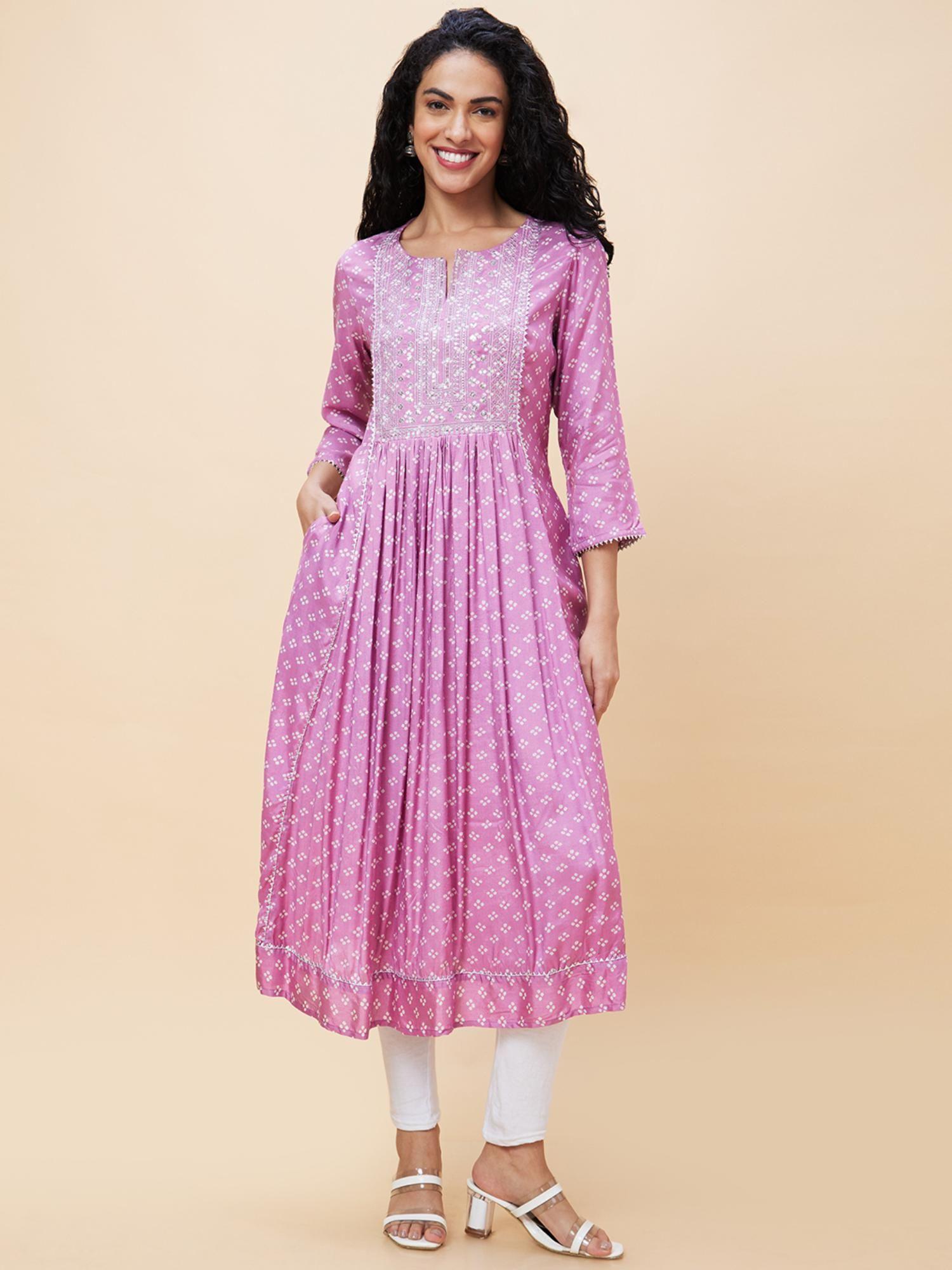 women mauve embroidered & sequinned yoke allover bandhani printed pleated a-line kurta