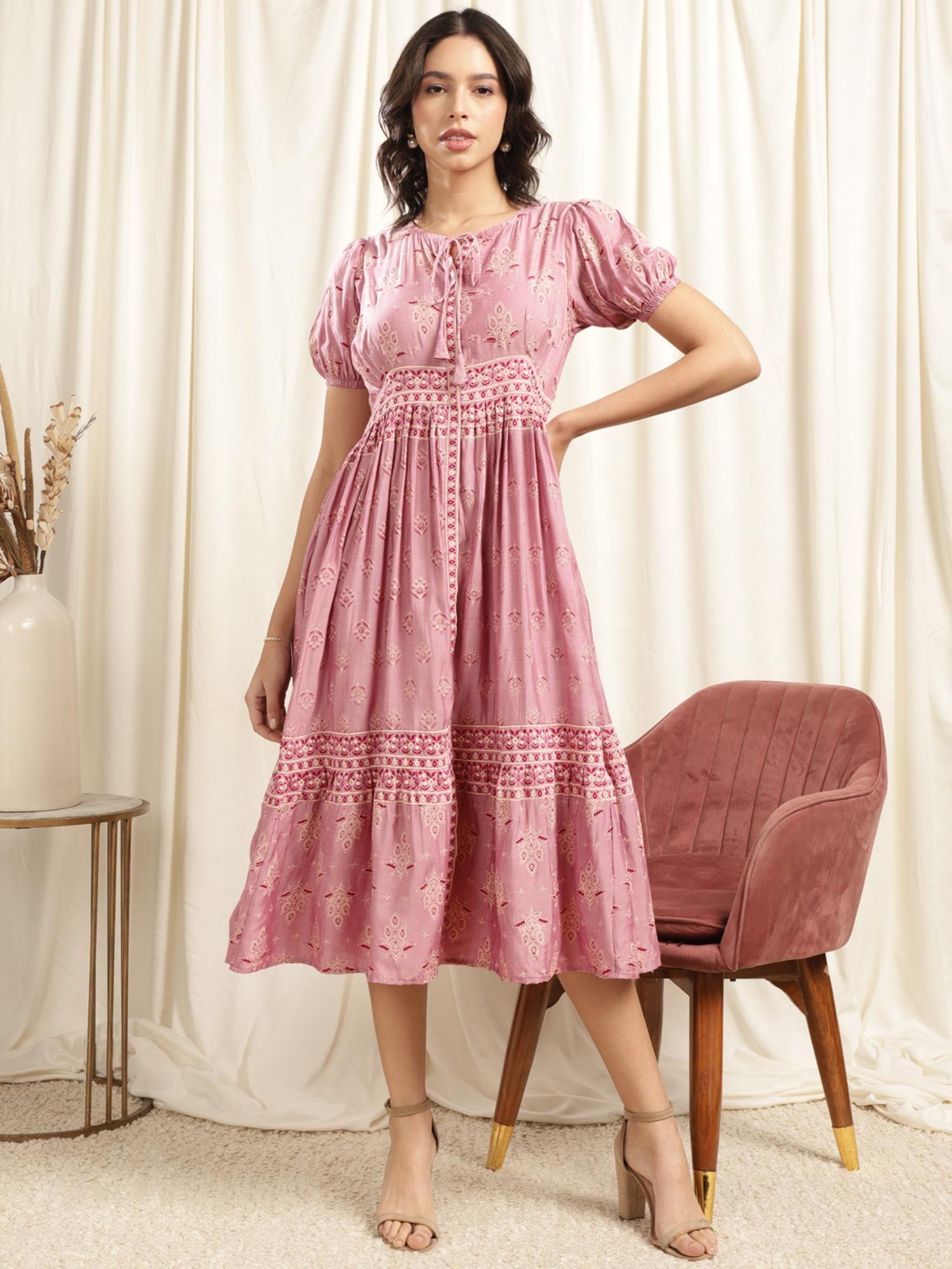 women mauve ethnic printed fit and flare calf length dress