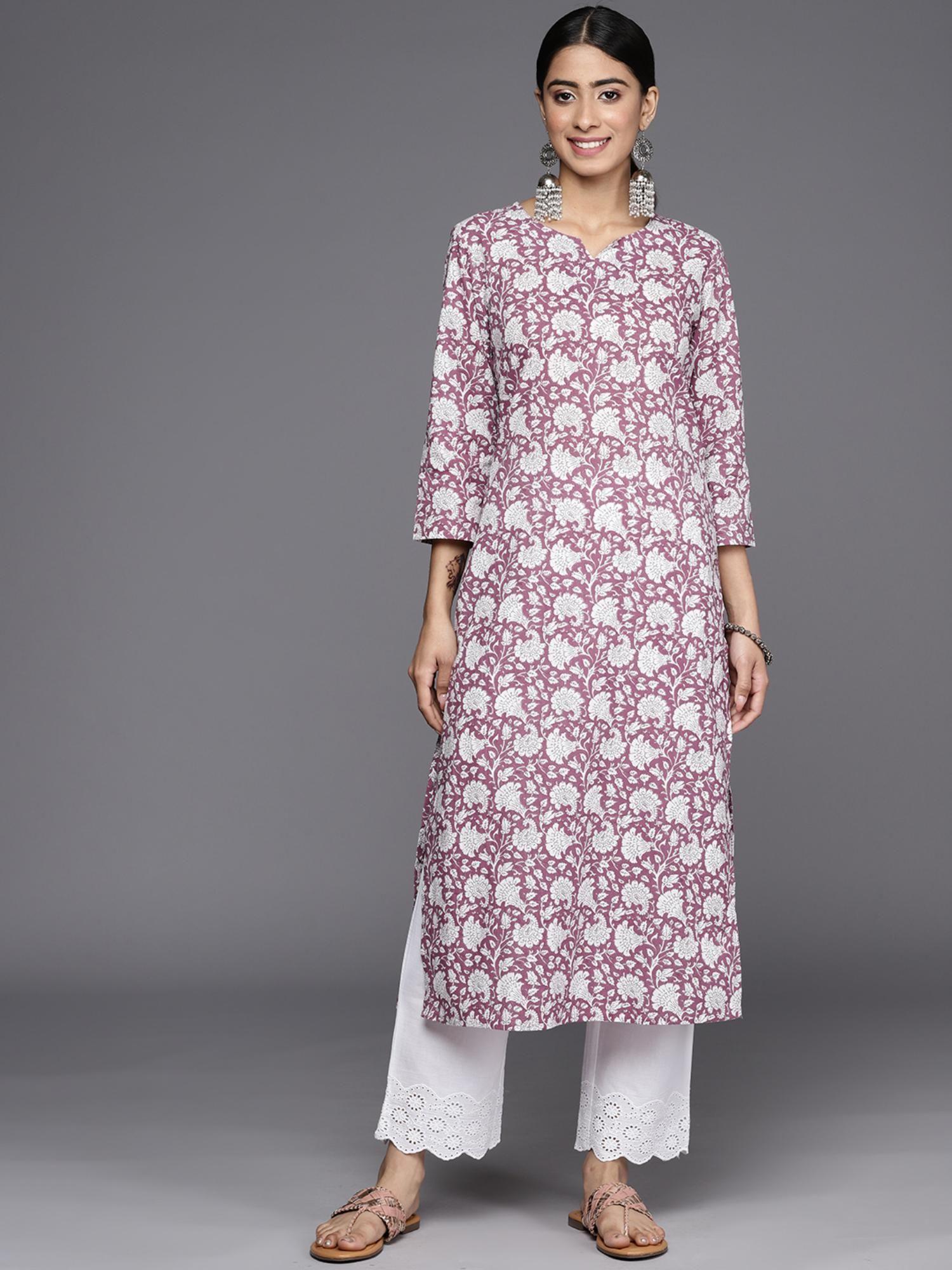 women mauve floral, straight kurta with three quarter sleeves